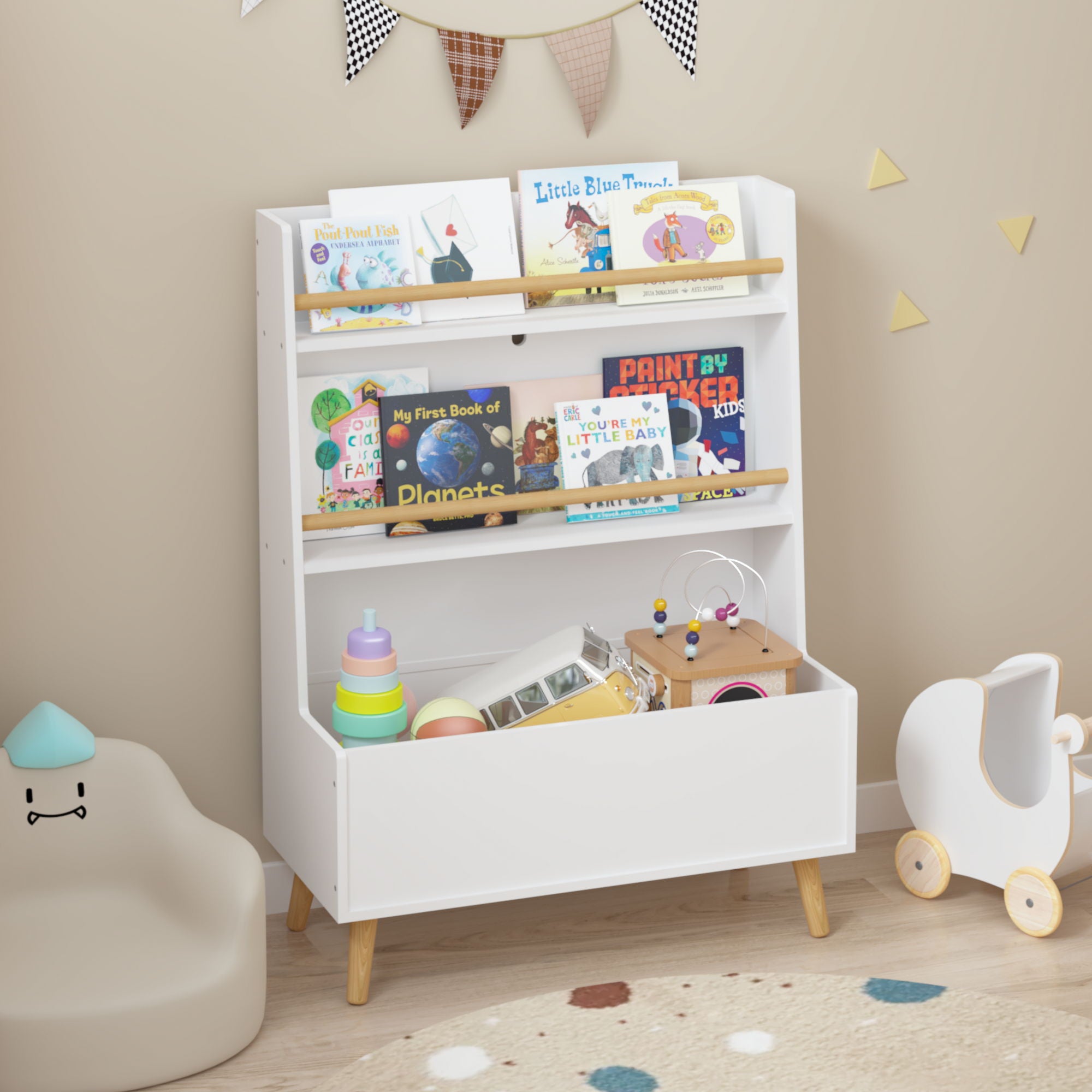 Bookshelf , Book Organizer With Toy Storage - White