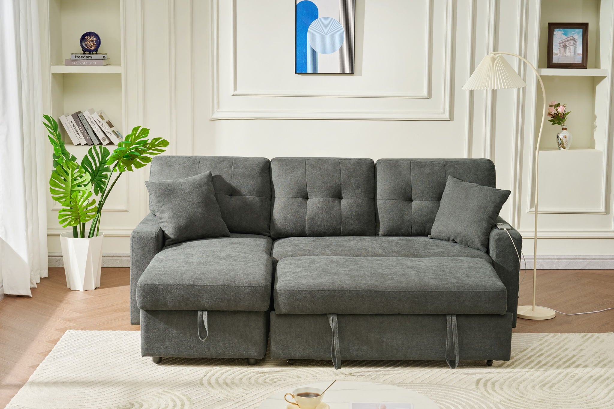 Reversible Sofa Couch Sleeper With Pull Out Bed And USB Port