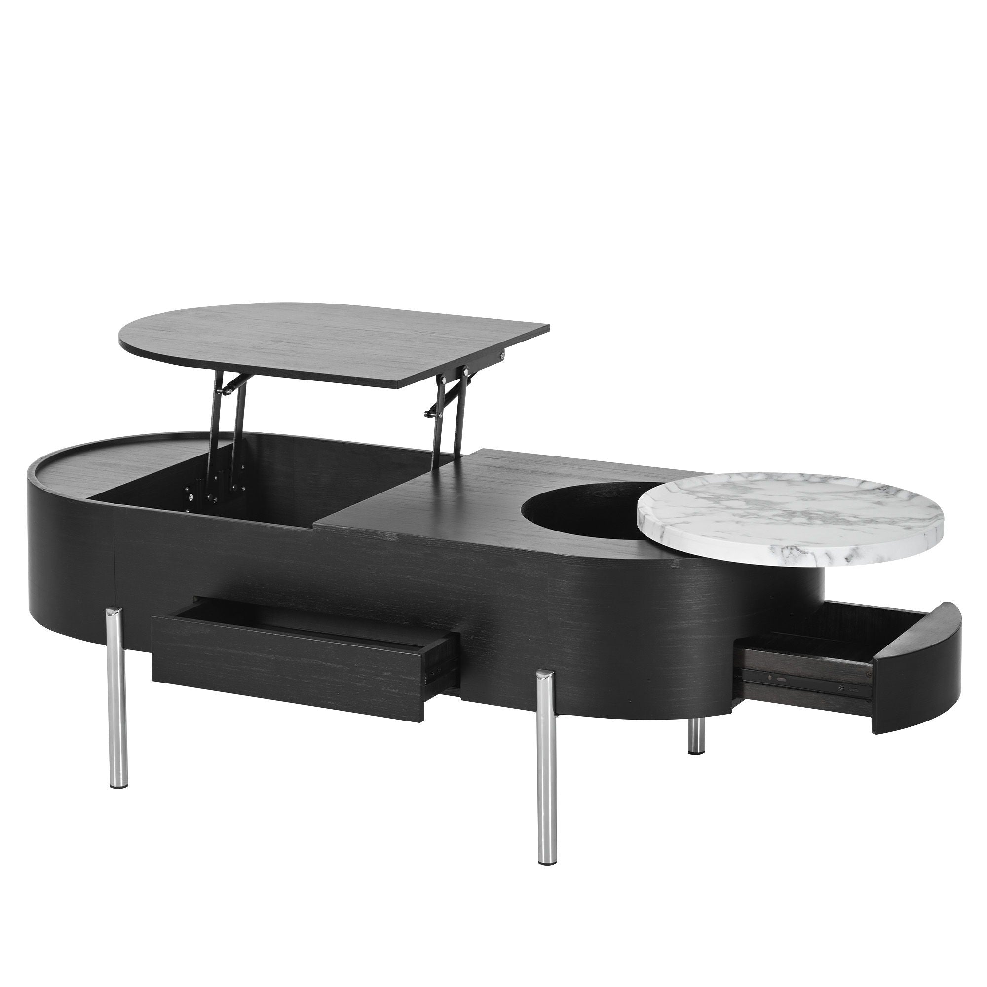 Lift Top Coffee Table With 360 Degree Marble Patterned Rotating Tray