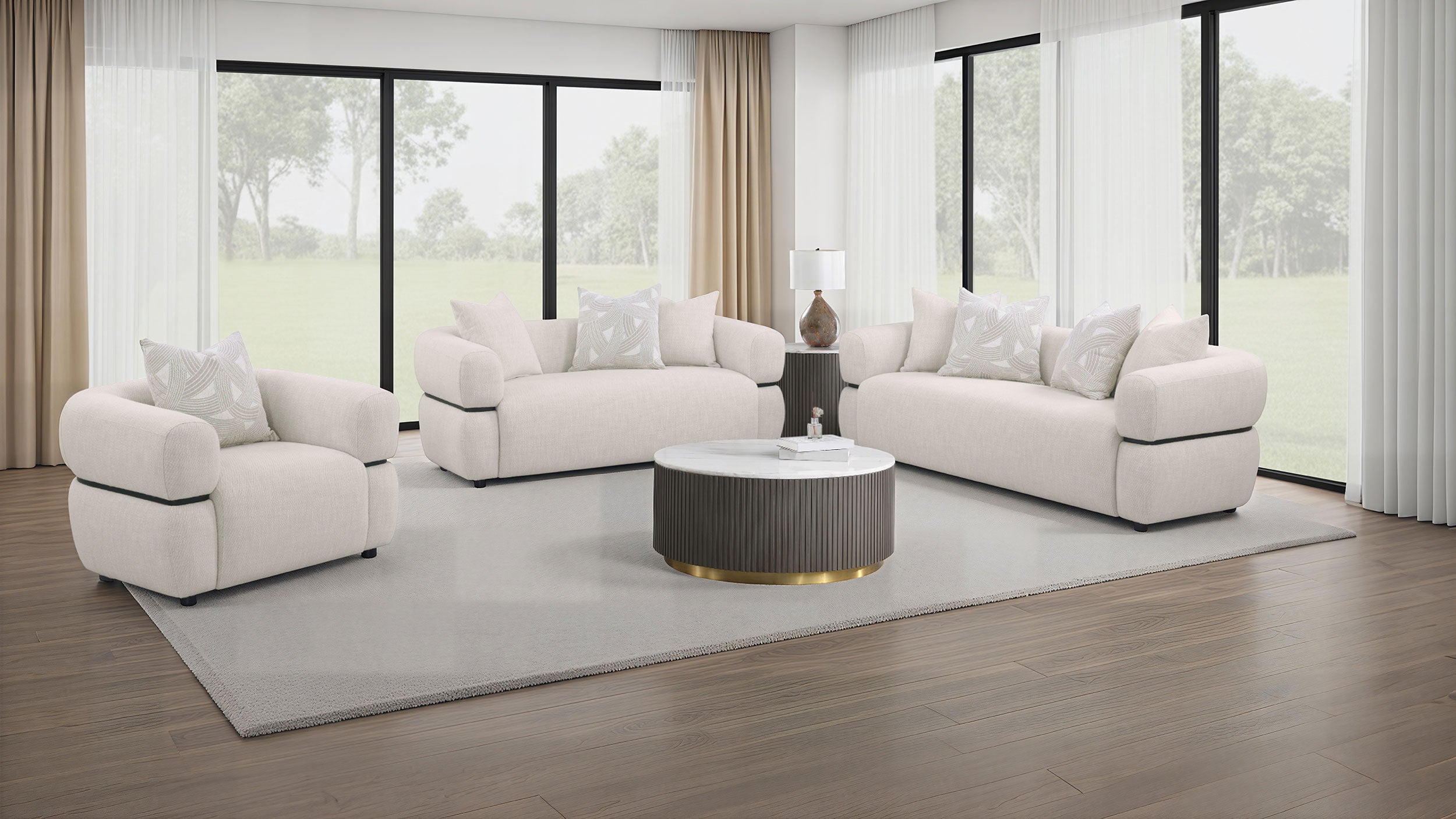 Jeanette 73-inch Fabric Upholstered Round Arm Loveseat Beige-