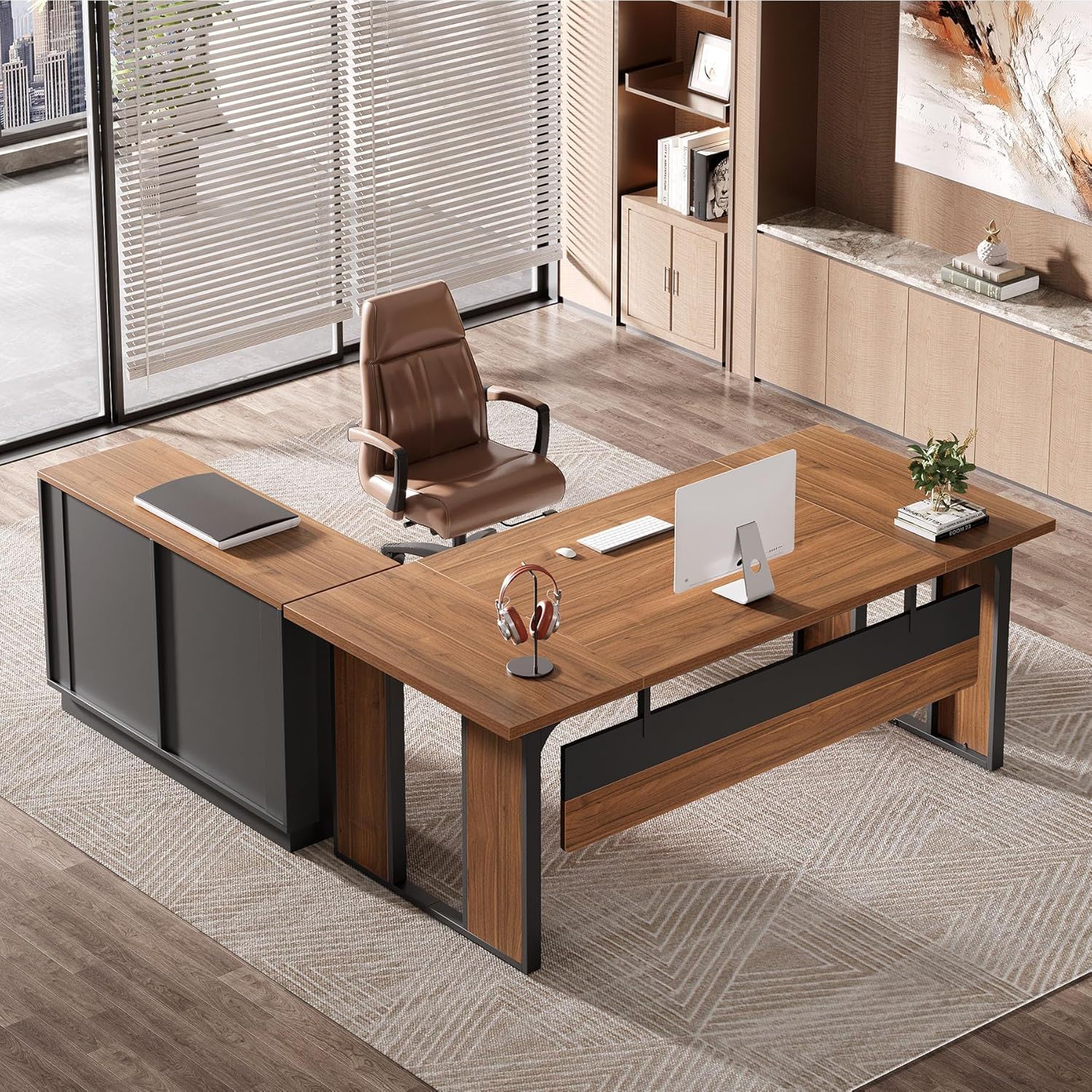 L-Shaped Executive Desk With File Cabinet, Office Computer Desk With Drawers & Open Shelves, Workstation For Home Office - Brown / Black