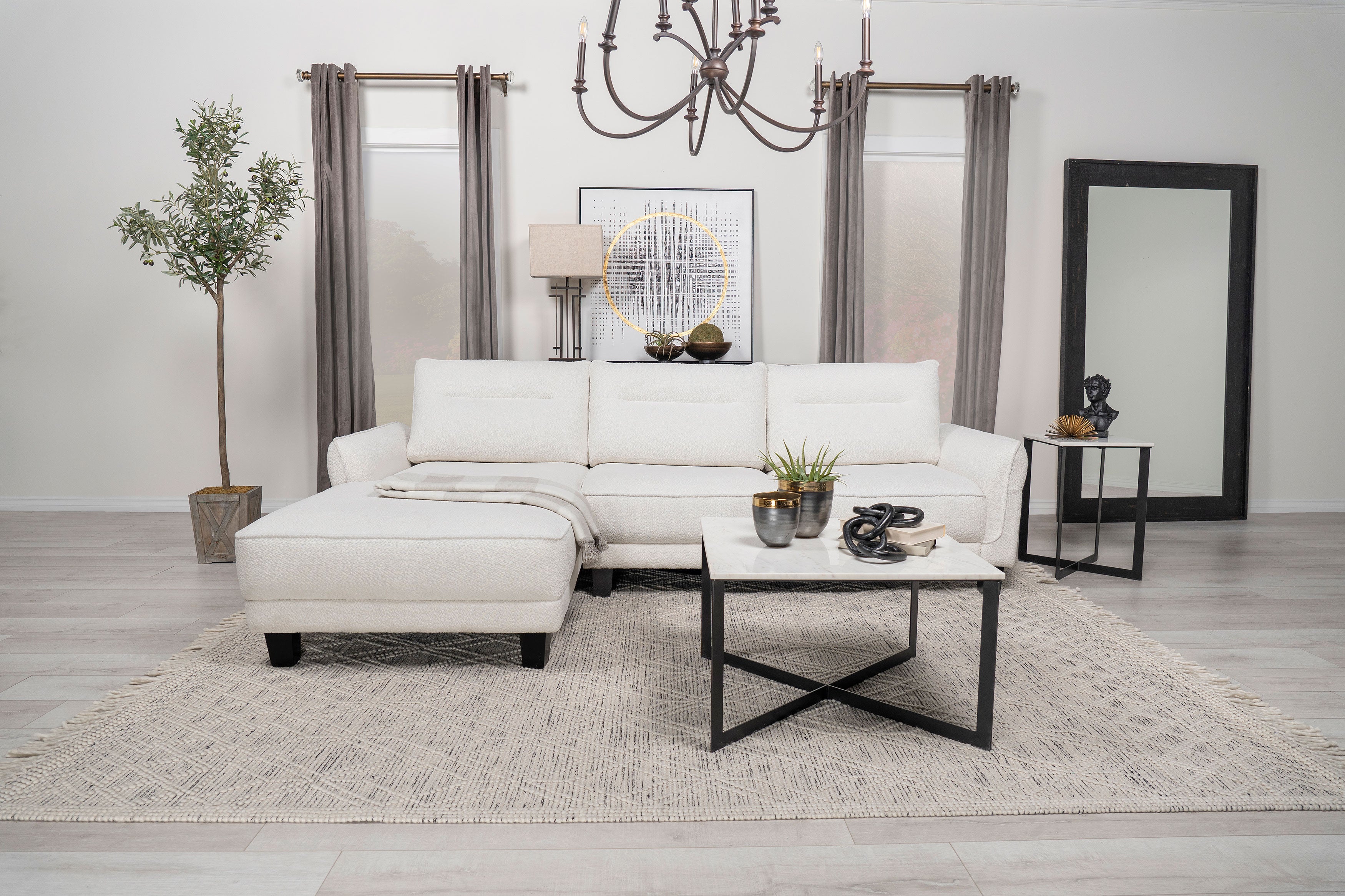 Caspian Upholstered Curved Arm Chaise Sectional Sofa White-