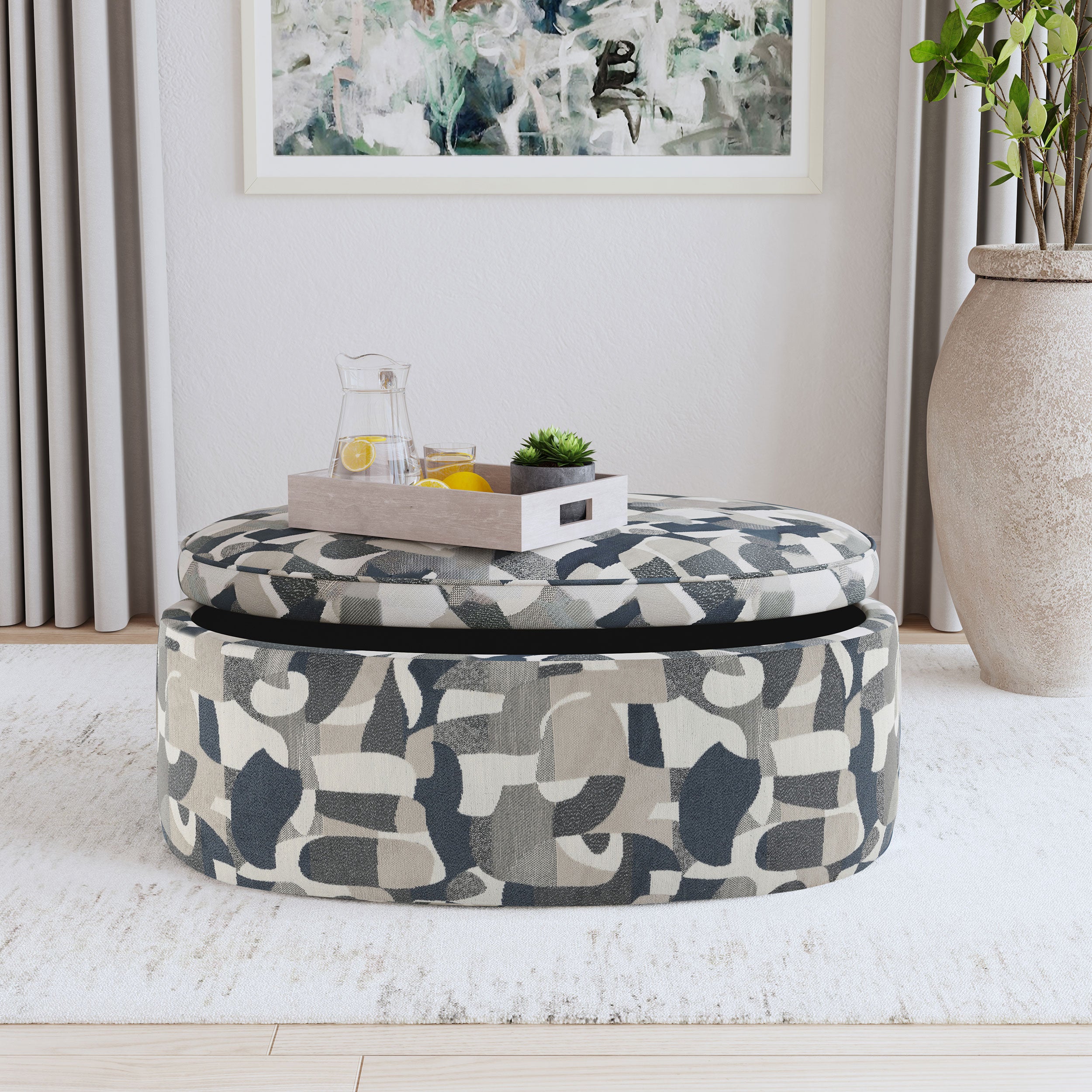 Tomkins Oval Upholstered Storage Ottoman Indigo Blue-