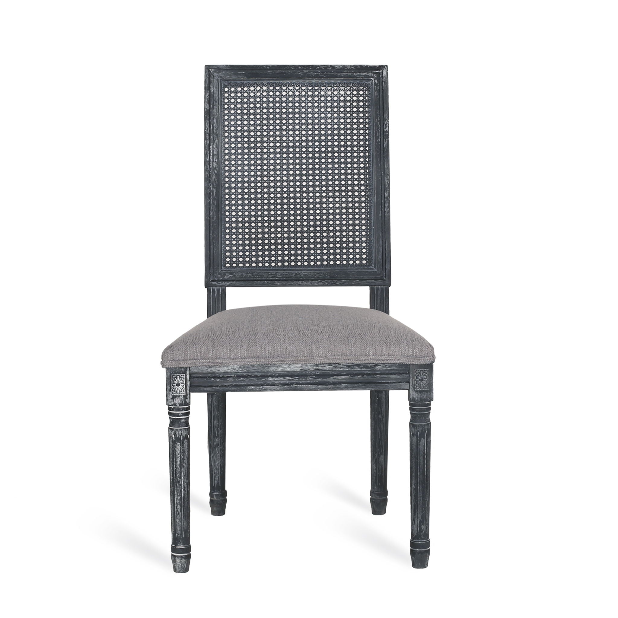 French Country Dining Chair With Rectangular Cane Backrest And Smooth Upholstered Seating