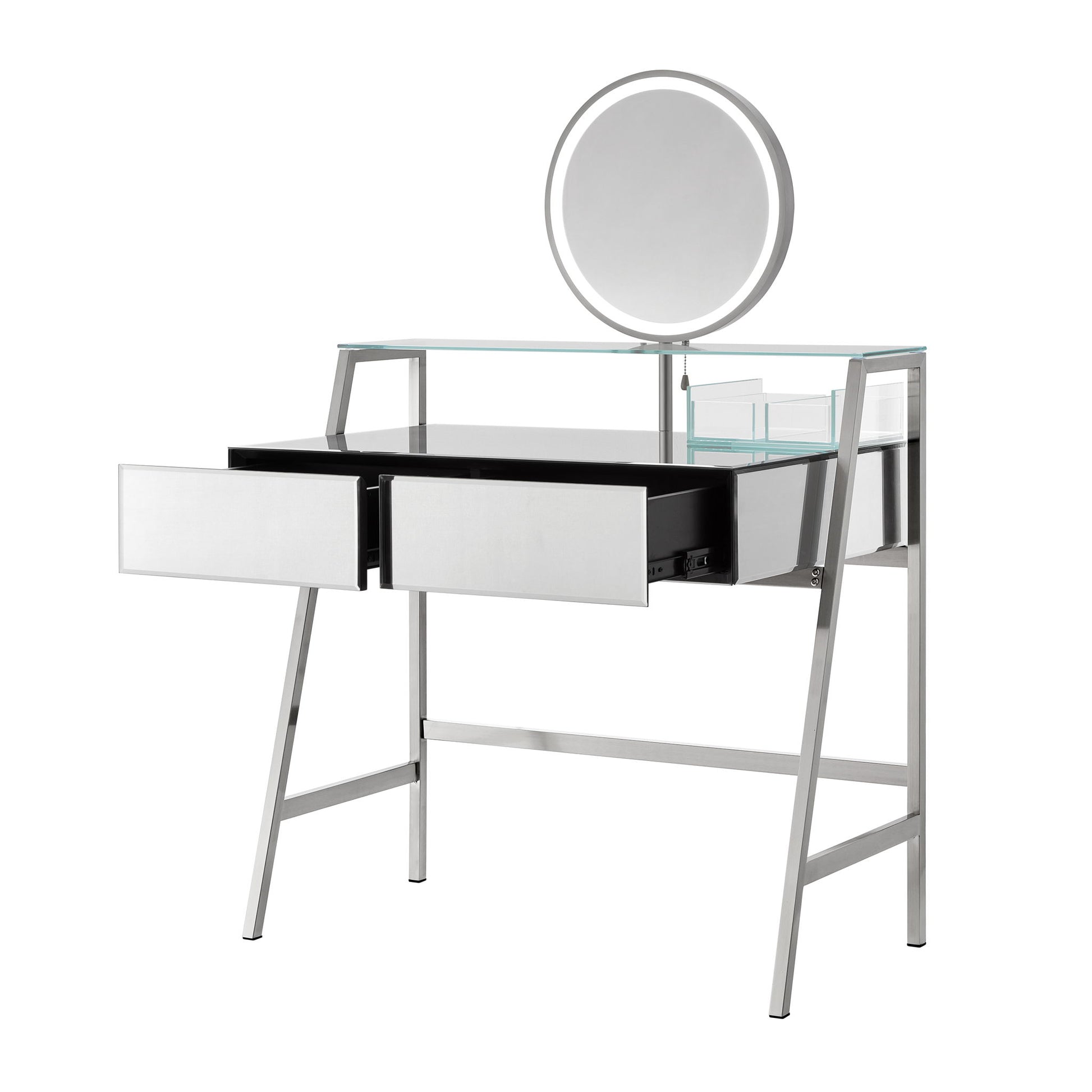 33.9" Mirrored Makeup Vanity Desk With Mirror And Lights, Mirrored Console Vanity Table With 2 Big Drawers & Open Shelf, Dressing Table With Charging Station For Bedroom - Silver - Best Buy Furniture
