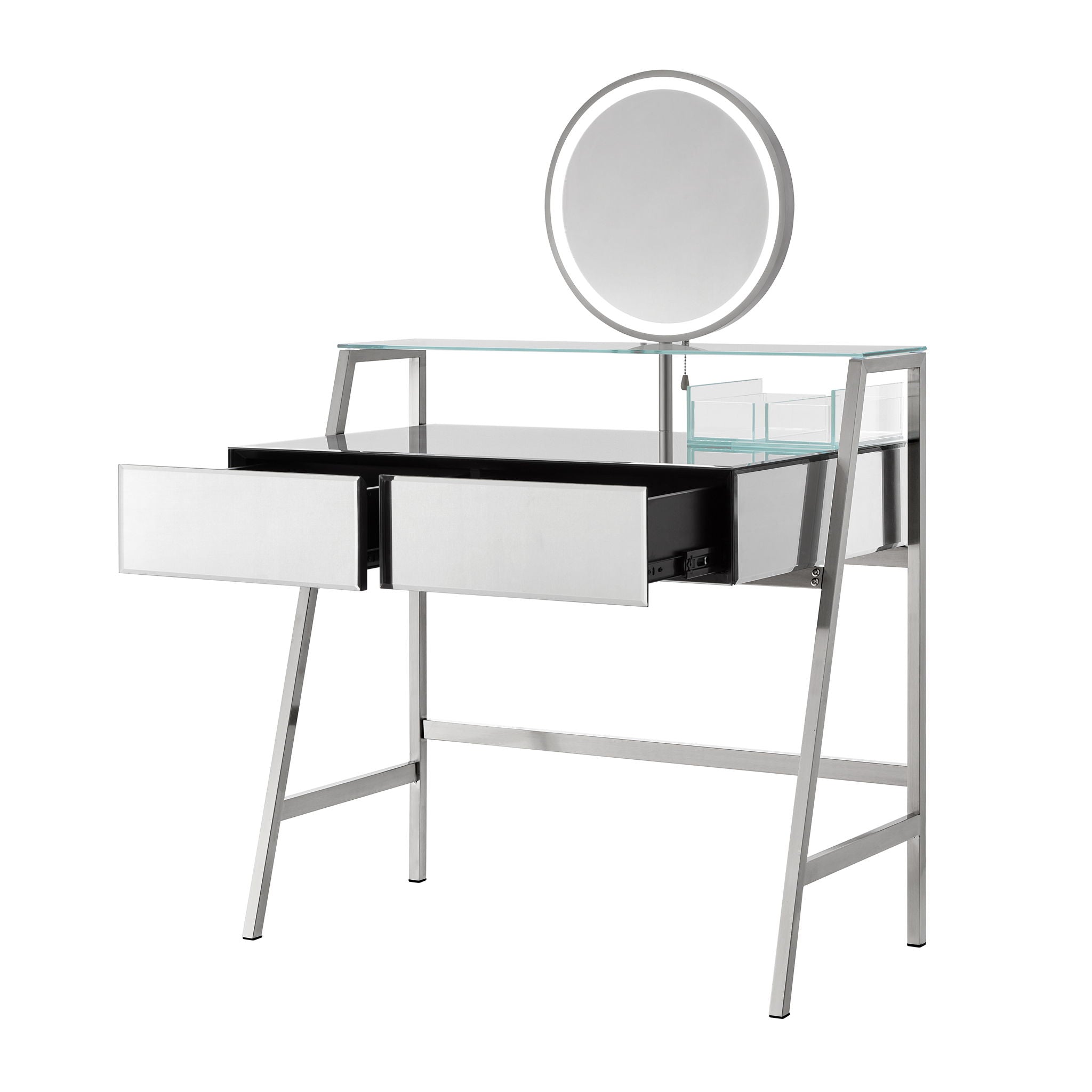 33.9" Mirrored Makeup Vanity Desk With Mirror And Lights, Mirrored Console Vanity Table With 2 Big Drawers & Open Shelf, Dressing Table With Charging Station For Bedroom - Silver - Best Buy Furniture