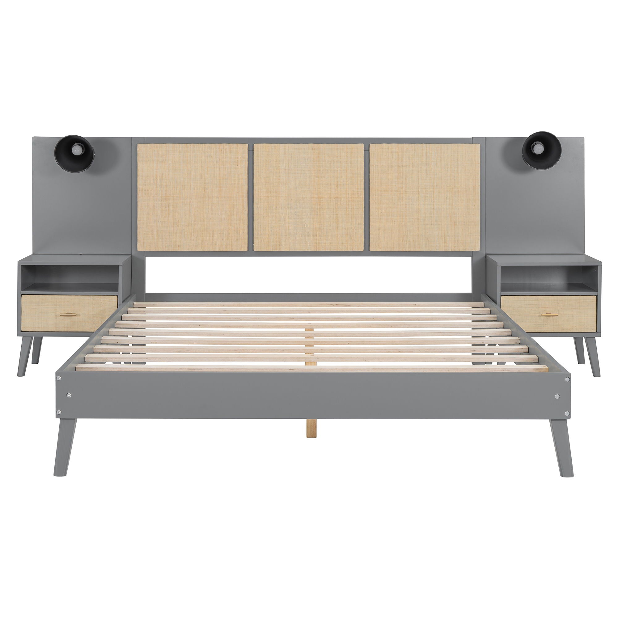 Bed Frame With 2 Nightstands Elegant Design With Lamps