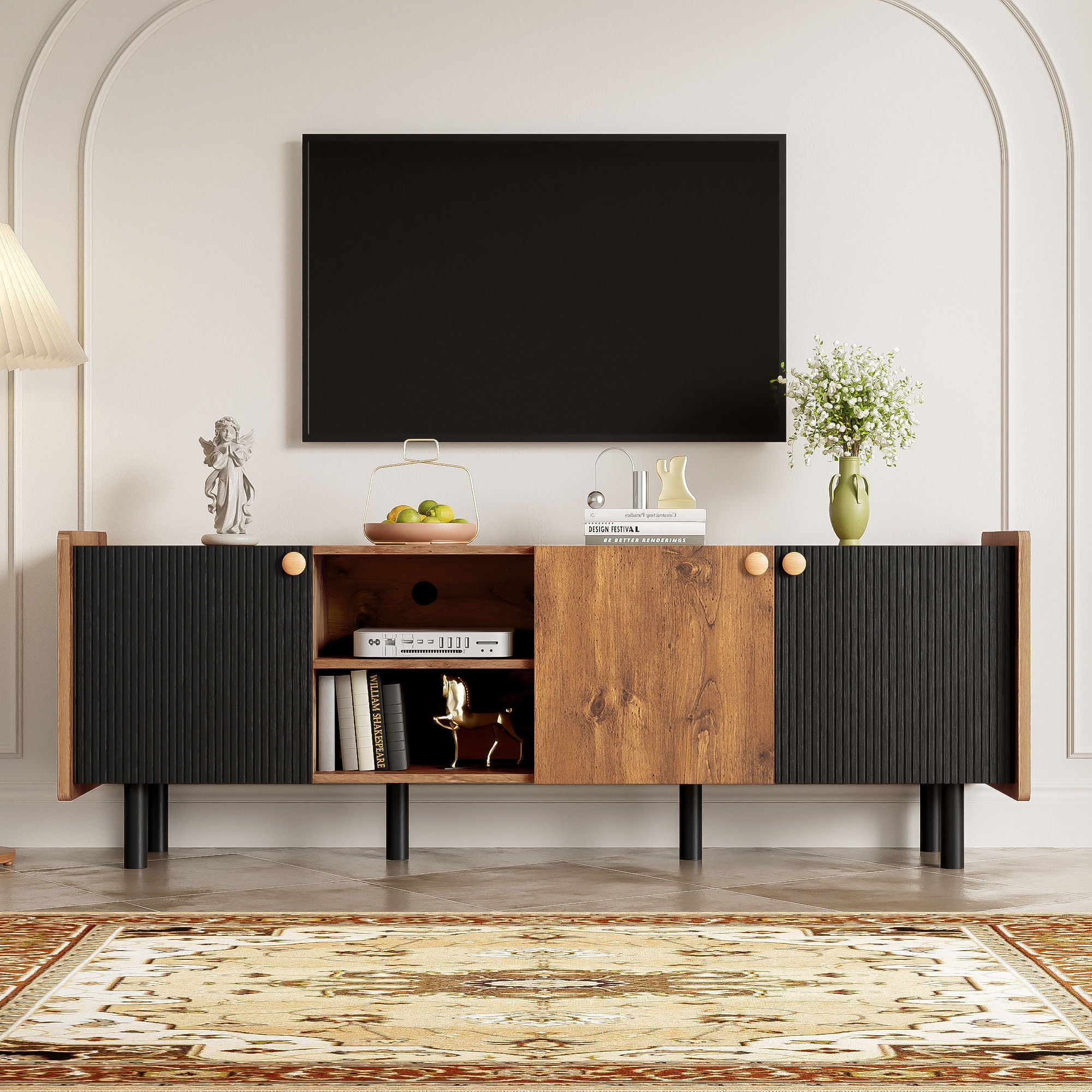 Mid Century TV Stand & 3 Cabinets, Media Console Table For Tvs Up To 70'', Entertainment Center With Storage For Living Room - Black / Brown