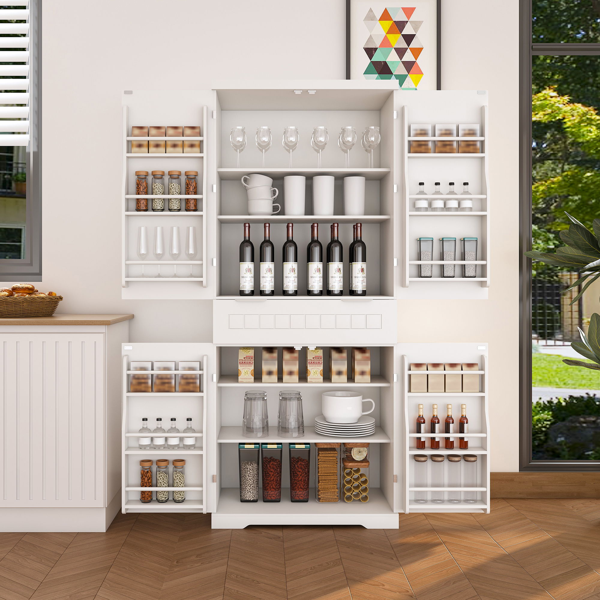 Farmhouse Style Pantry Cabinet With Drawer 2 Cabinets & 6 Door Shelves Adjustable Shelves Freestanding Cupboard - White