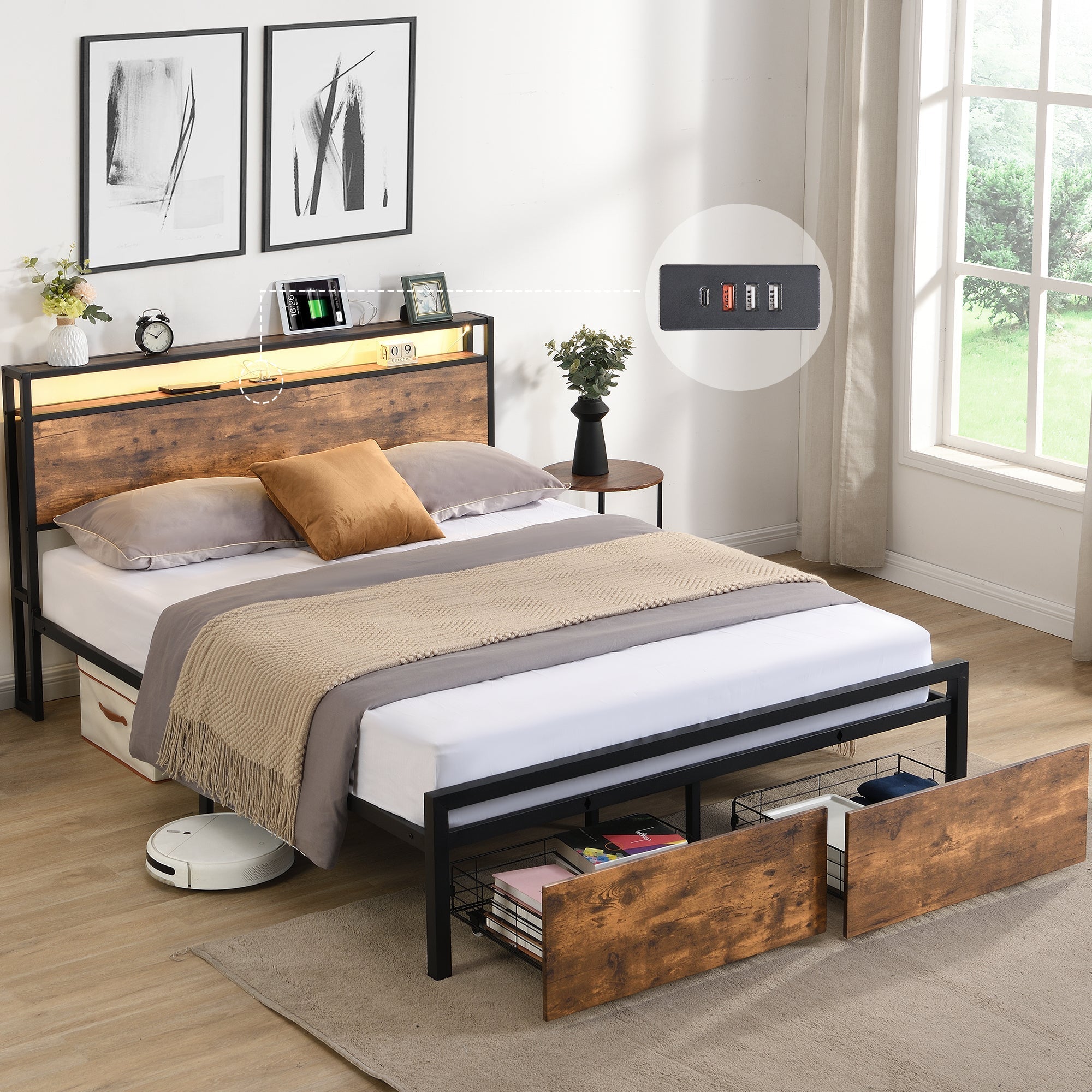 Bed frame with storage, led headboard, drawers & usb port