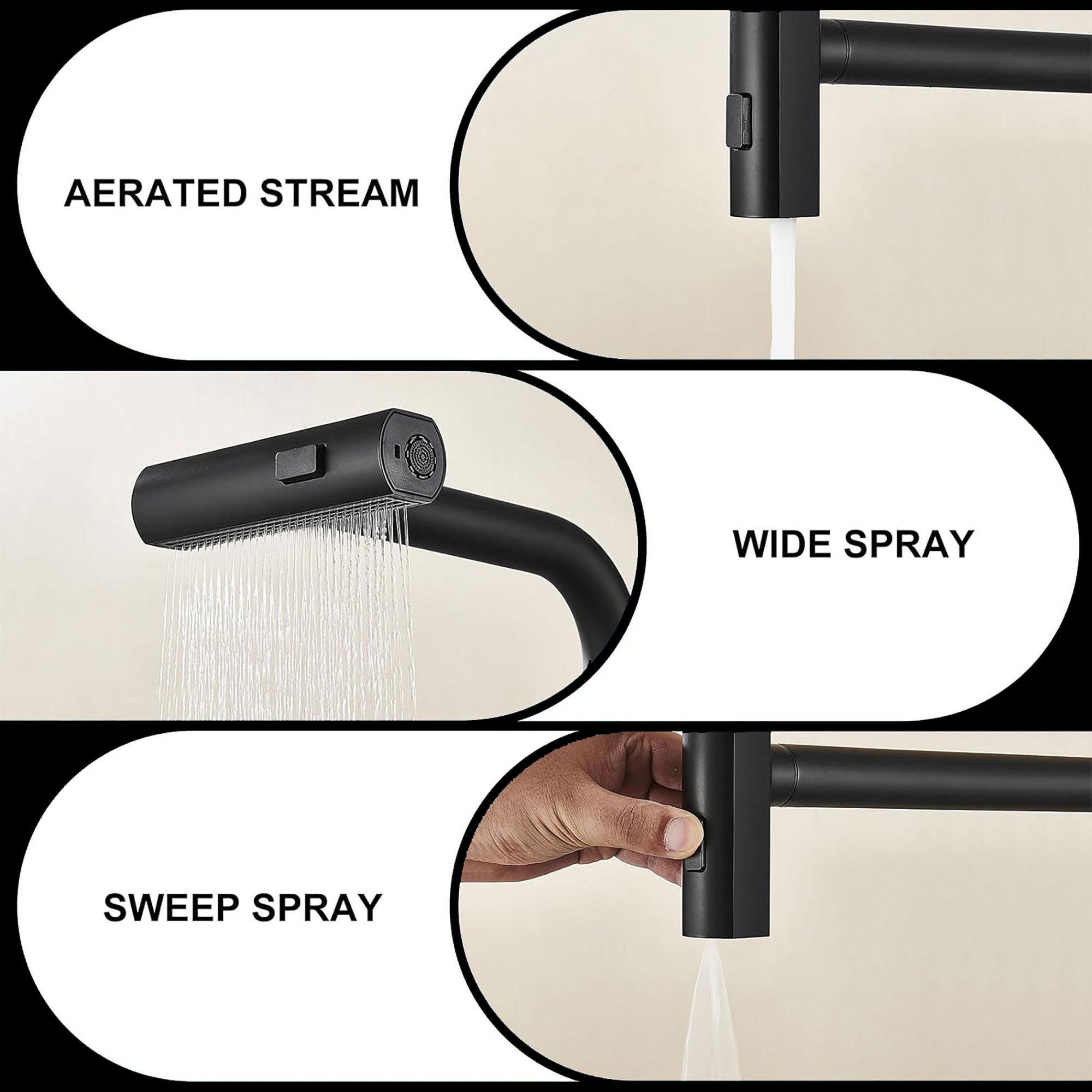 Modern Kitchen Waterfall Faucet With Pull Down Sprayer, Single Handle, 360 Degree Rotating - Matte Black