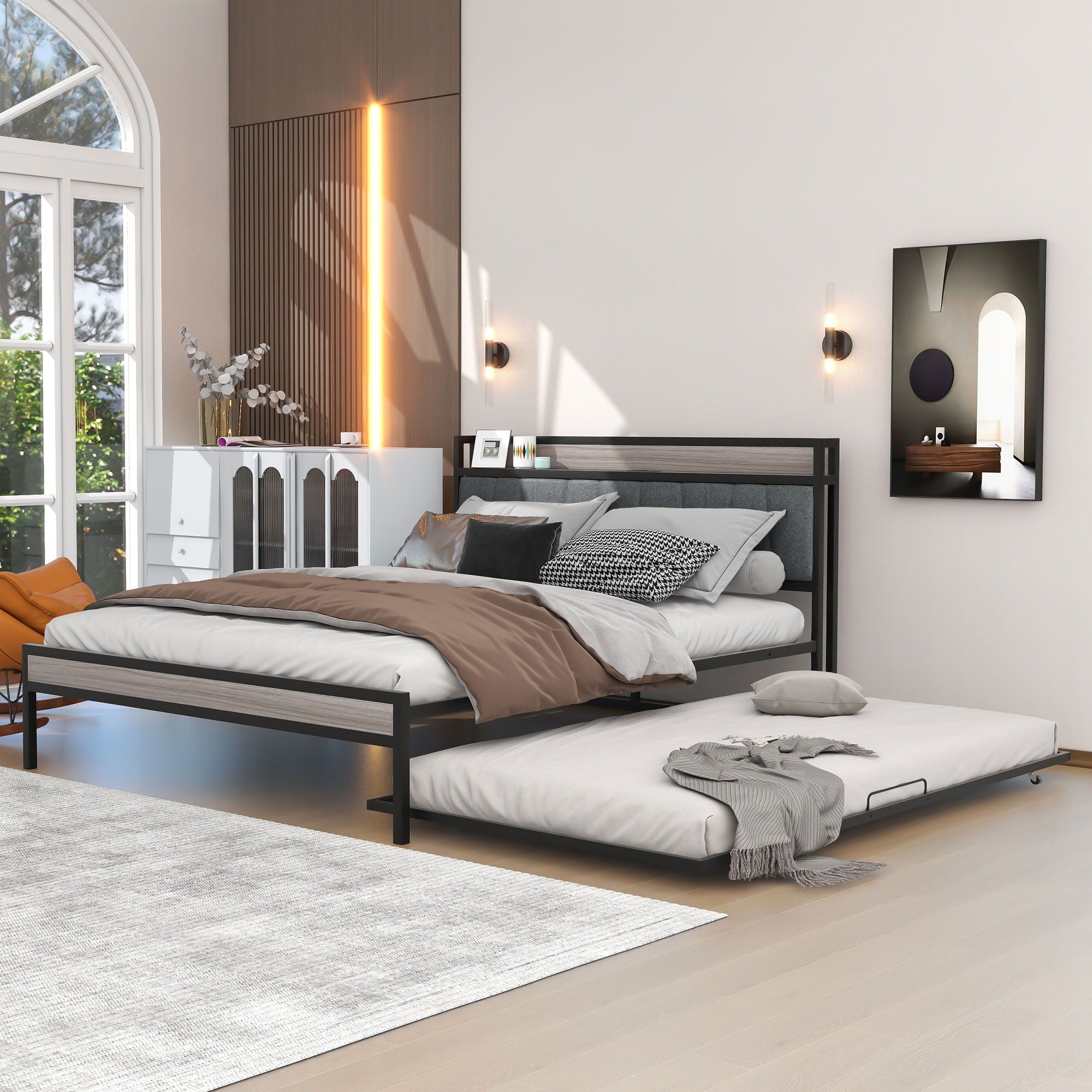 Platform Bed Frame With Trundle, USB Ports And Slat Support, No Box Spring Needed