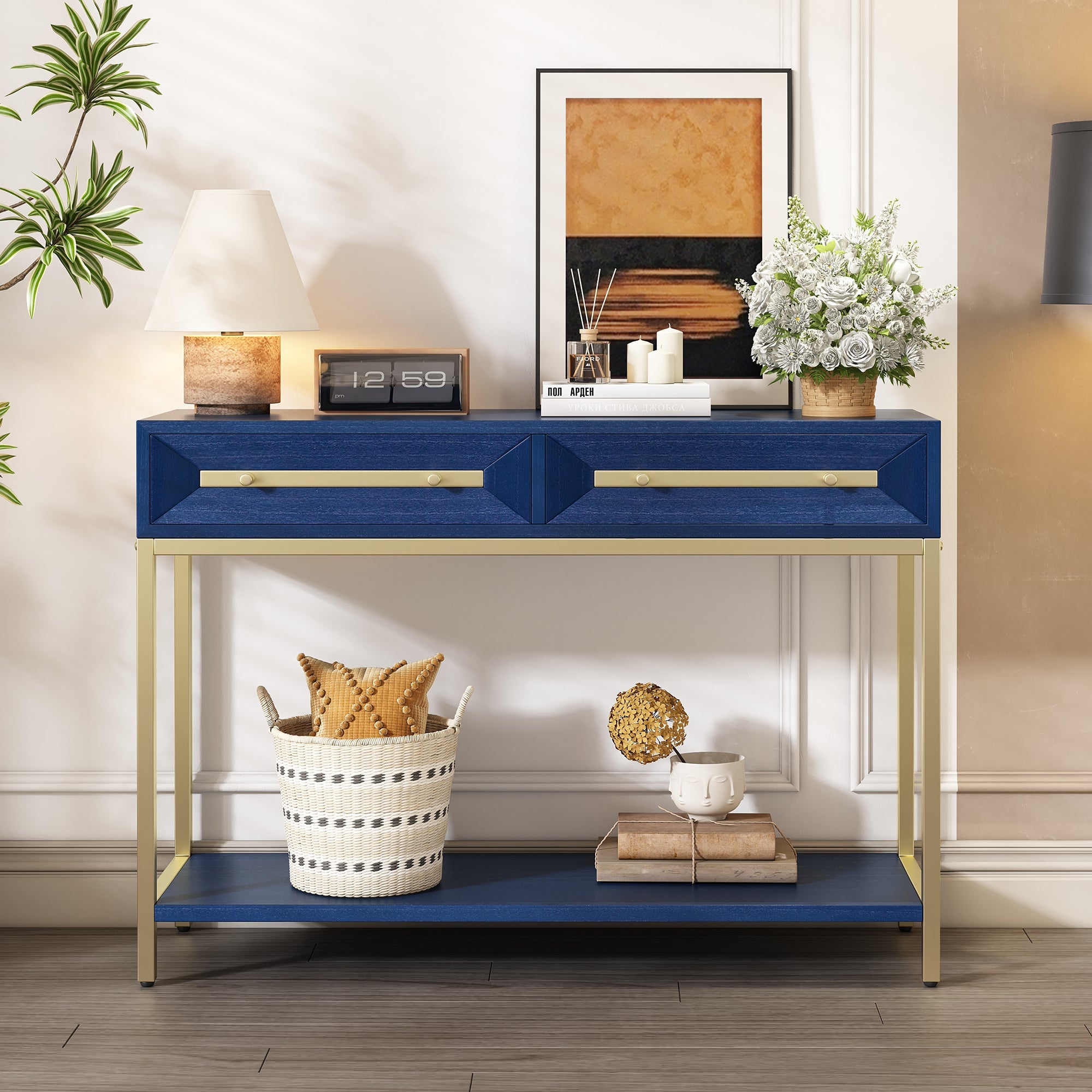 Narrow Console Table with Marble-Effect Top (Antique White)