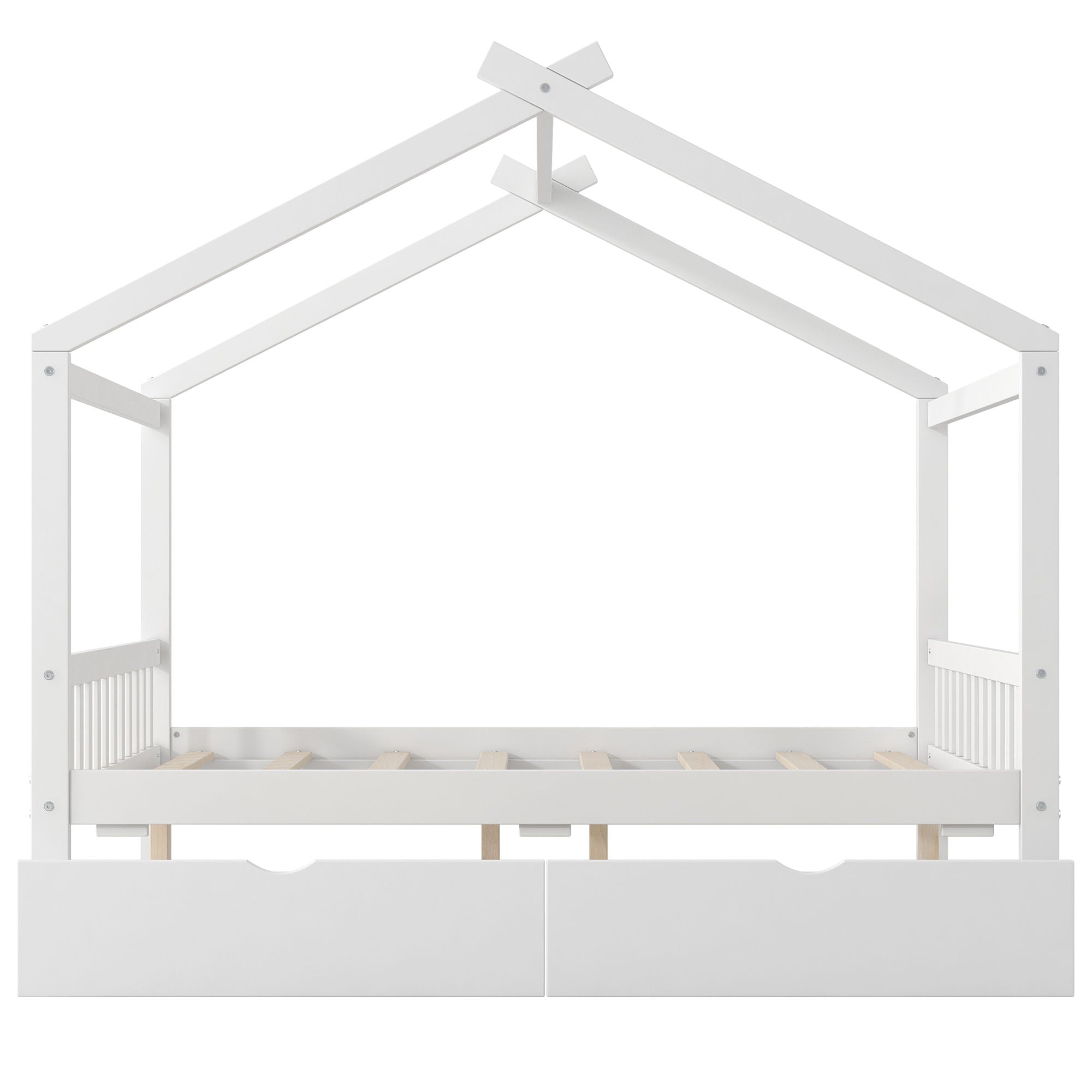 House Style Platform Bed With Headboard, Footboard, 2 Drawers, And Roof Design