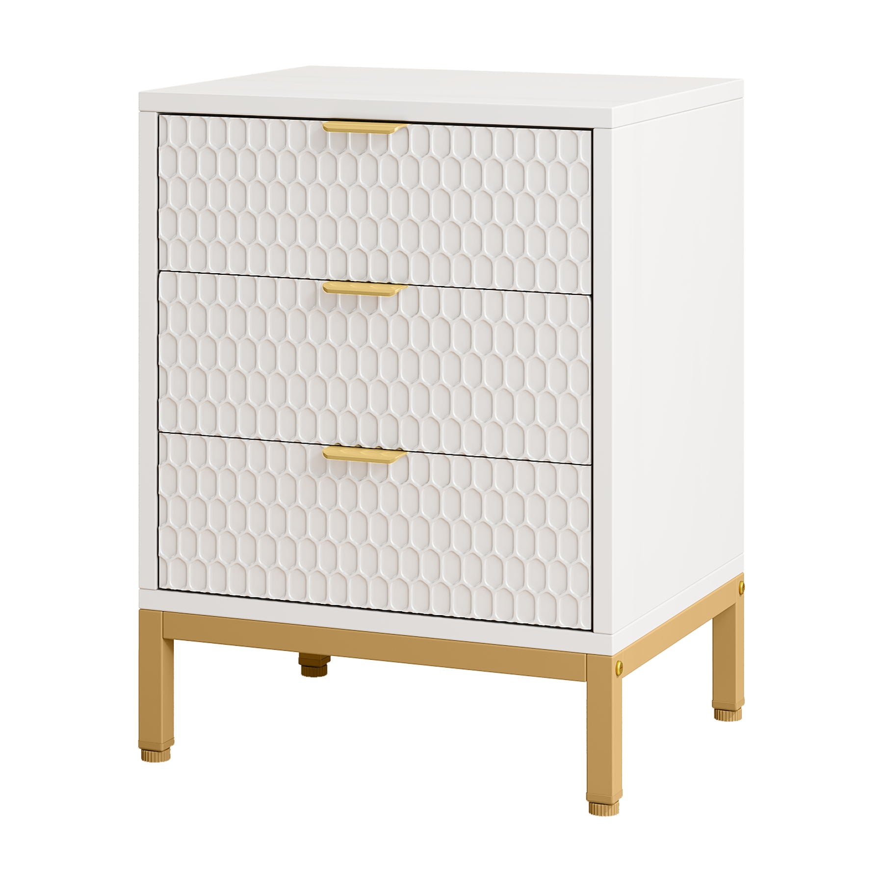 3 Drawer Nightstand With Hexagon Pattern, Storage Table For Living - White