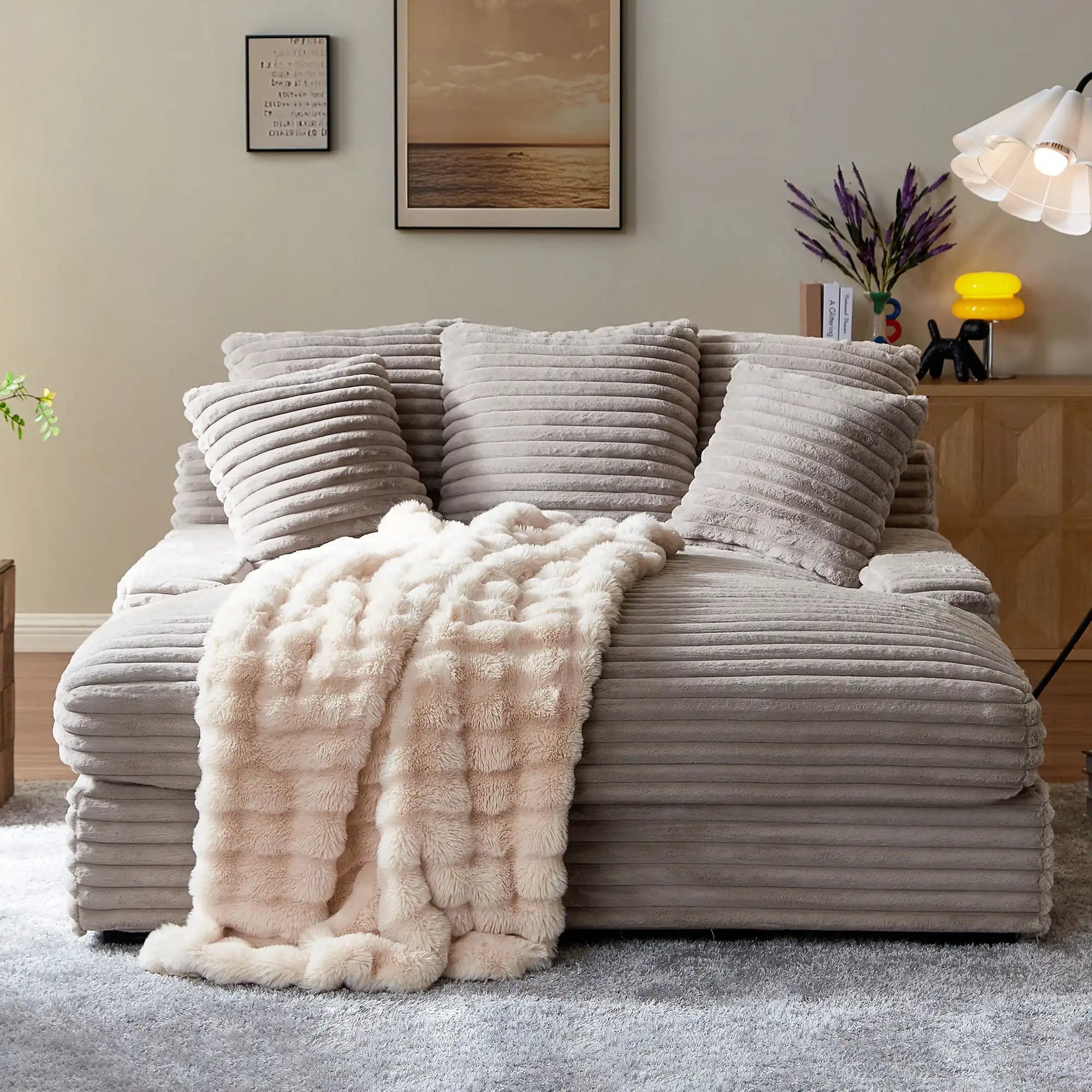 Modern Double Sleeper Sofa, Soft Corduroy Upholstery, Grayish Brown