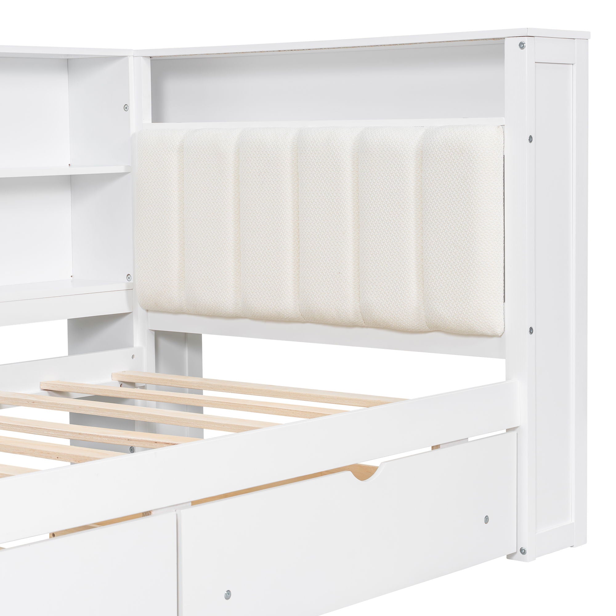 Platform Bed With Upholstered Headboard, Storage Shelves, Drawers, Charging Station, LED Lighting, Built In Desk