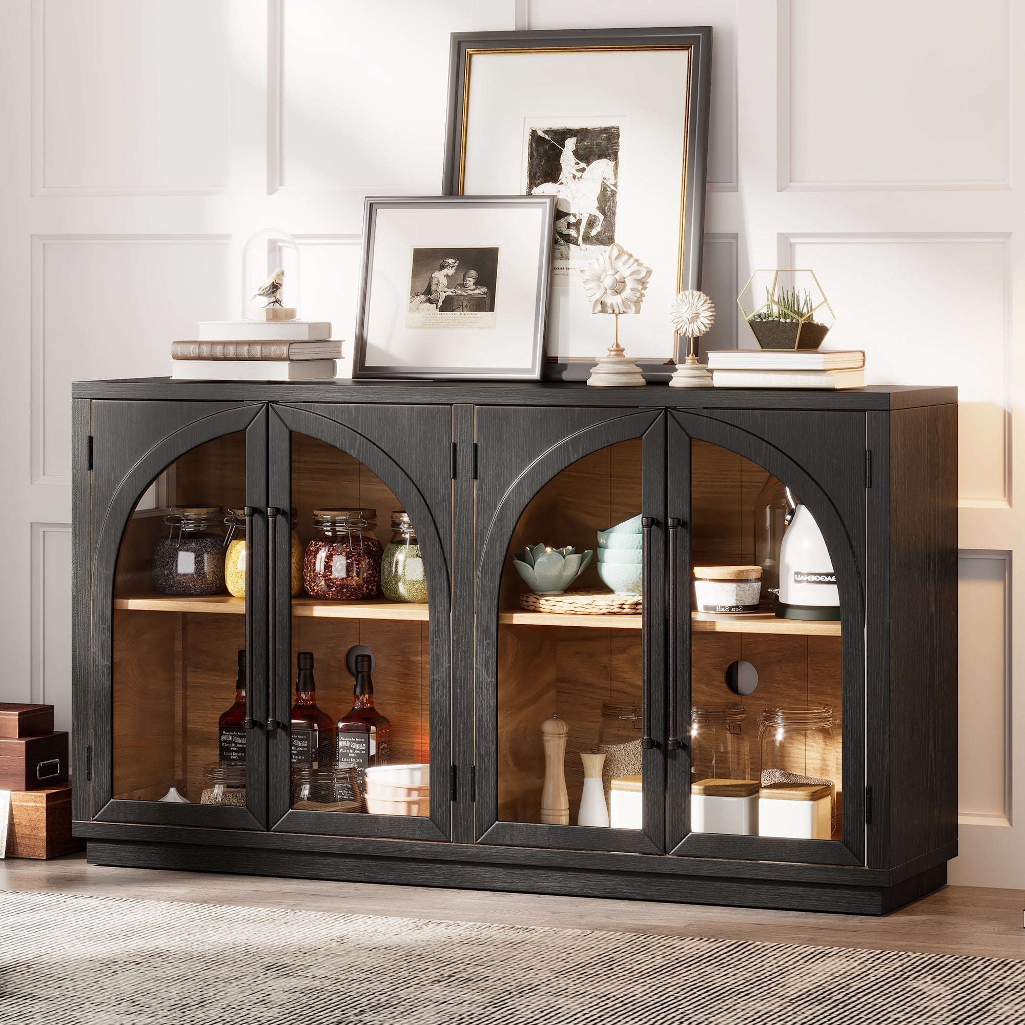 4-Door Large Storage Sideboard Buffet Cabinet with Glass Doors Arched Cabinet (Black)
