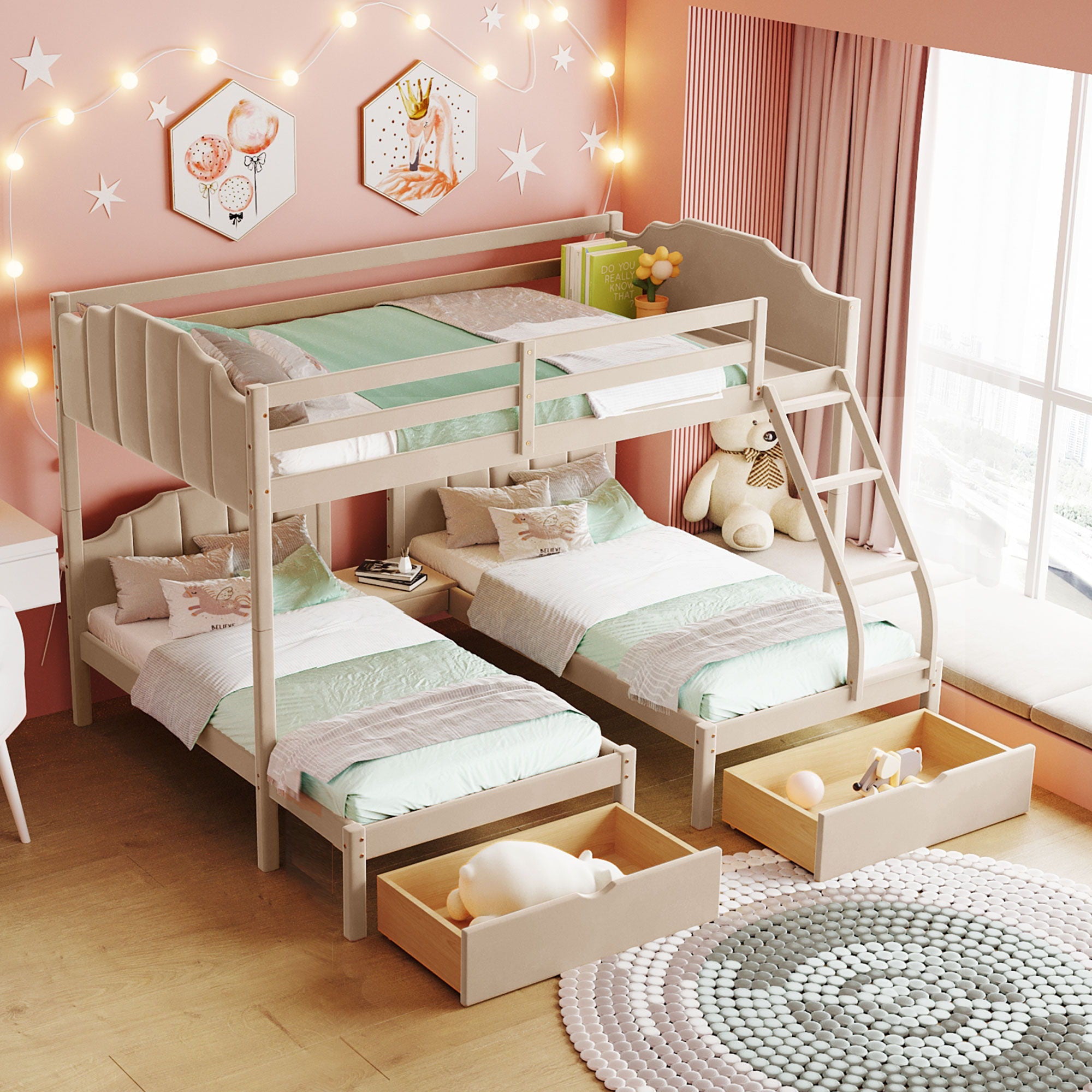 Bunk Bed, Triple Bed With Drawers And Guardrails
