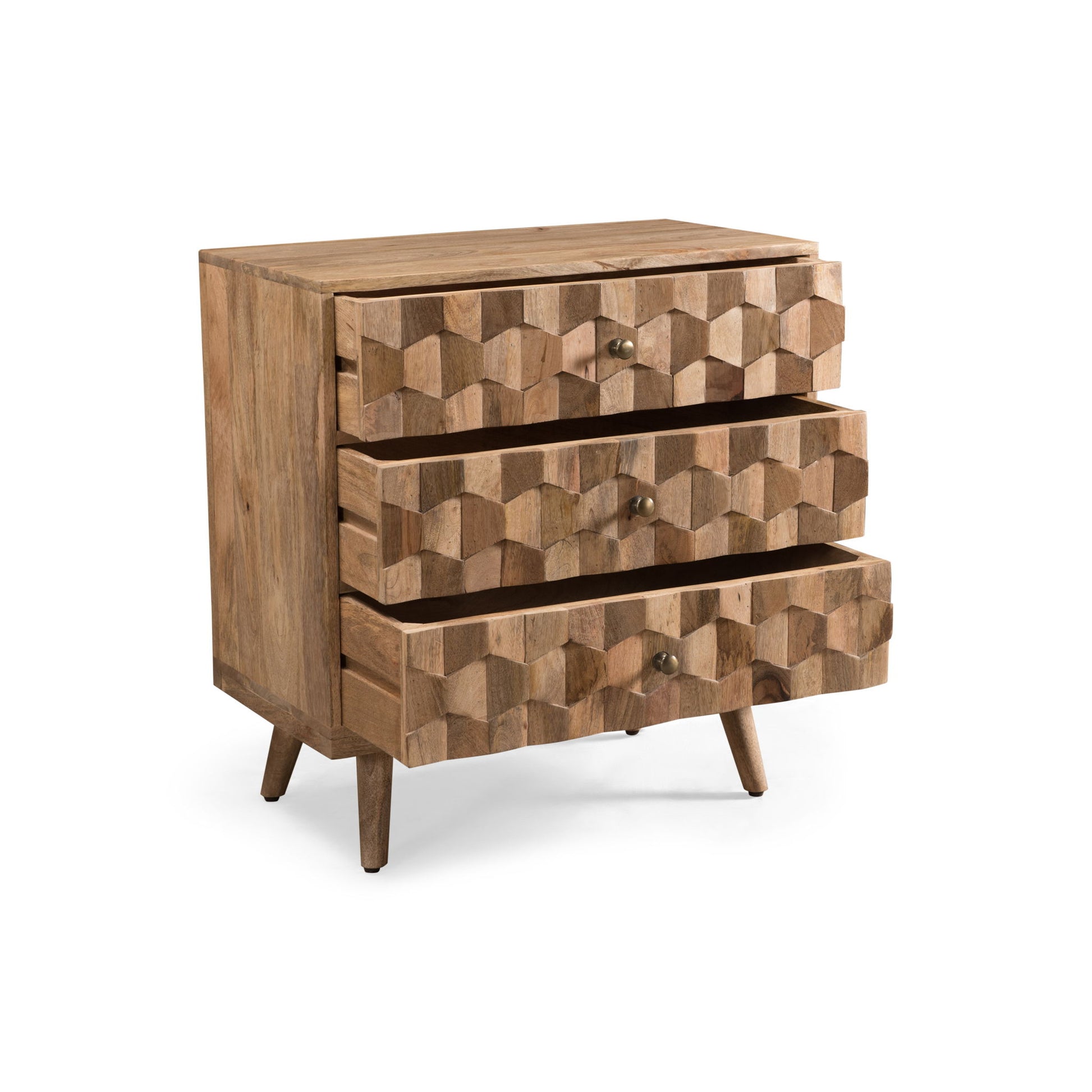 Mid Century Modern Mango Wood 3 Drawer Chest With 3D Tile Weave Design - Natural - Best Buy Furniture