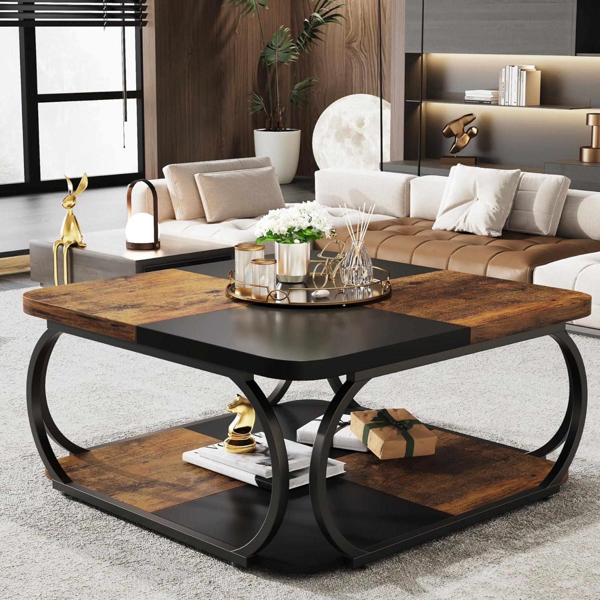 Square Coffee Table With Storage Shelf, 2 Tier For Living Room - Brown / Black