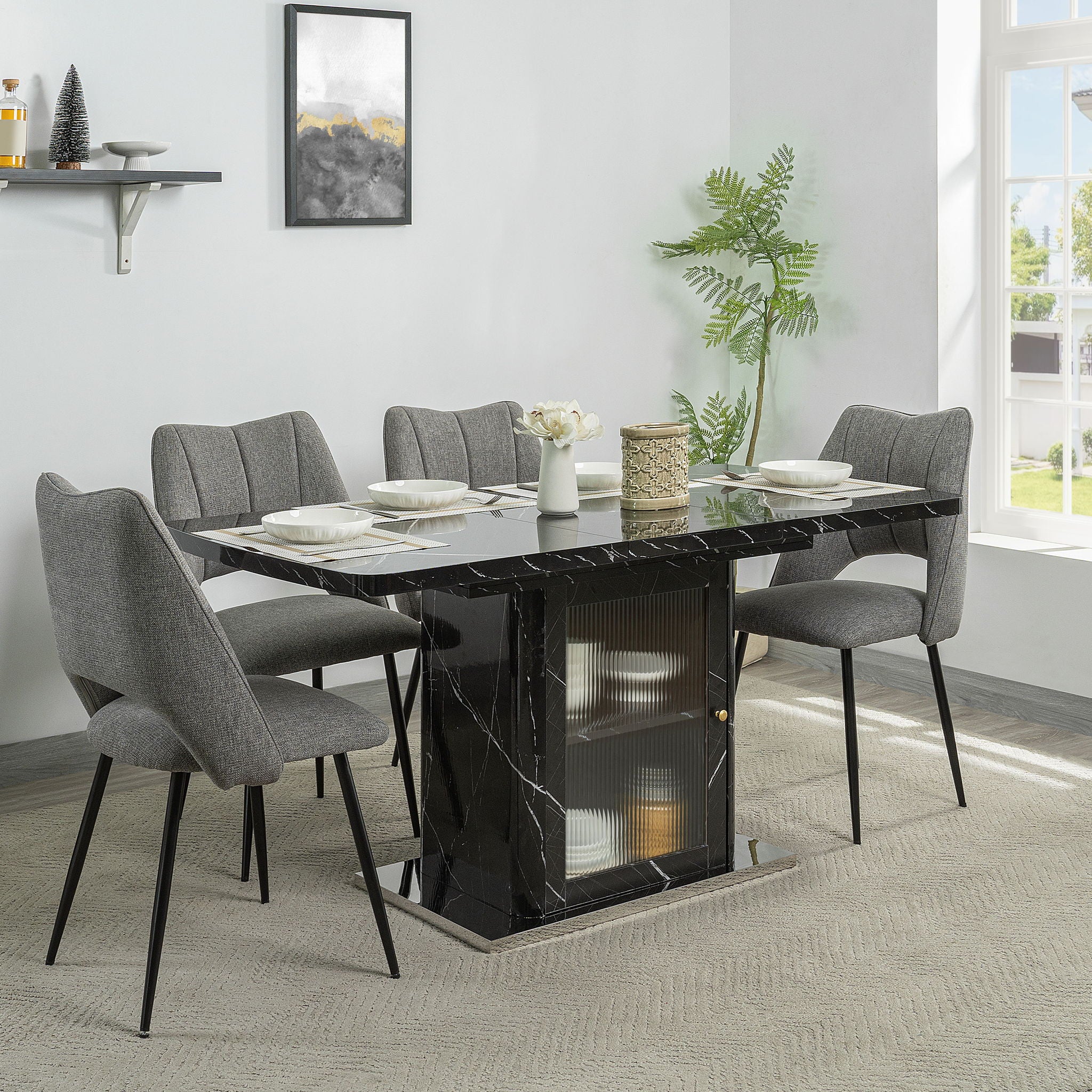 Modern Rectangle Dining Table With Stretchable Top, Storage Cabinet