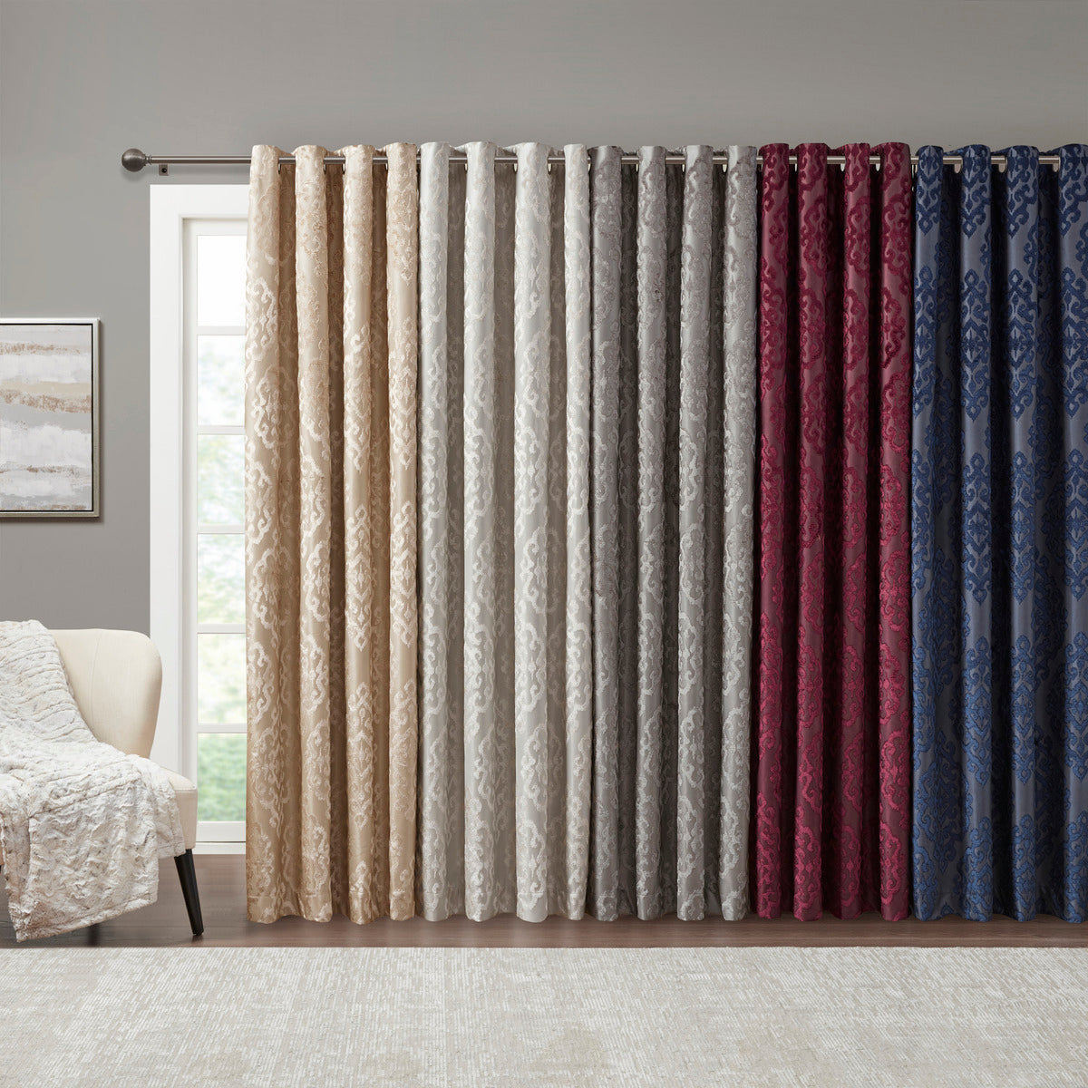 Knitted jacquard damask total blackout grommet top curtain panel (only 1 pc panel)