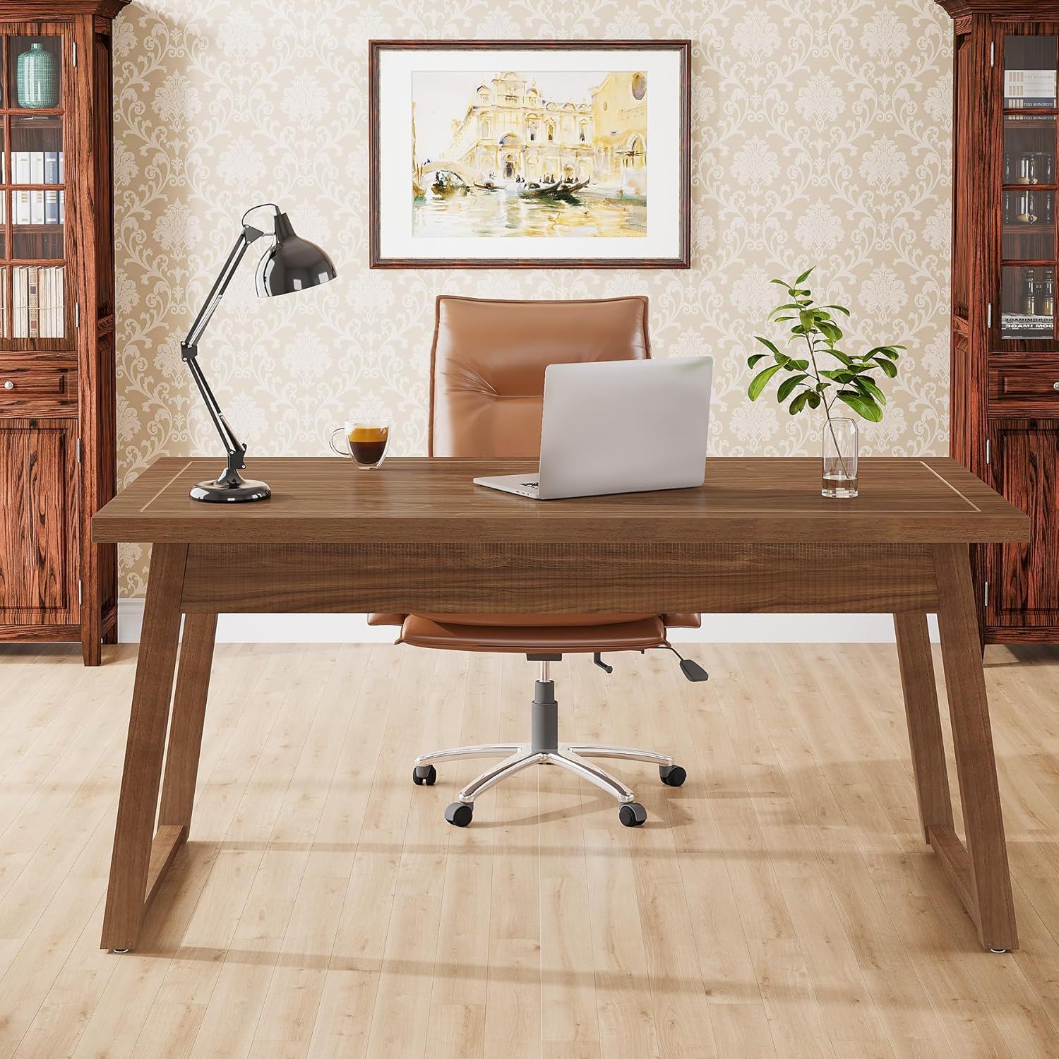 Executive Desk With Drawer, Workstation Table For Home Office - Walnut Brown