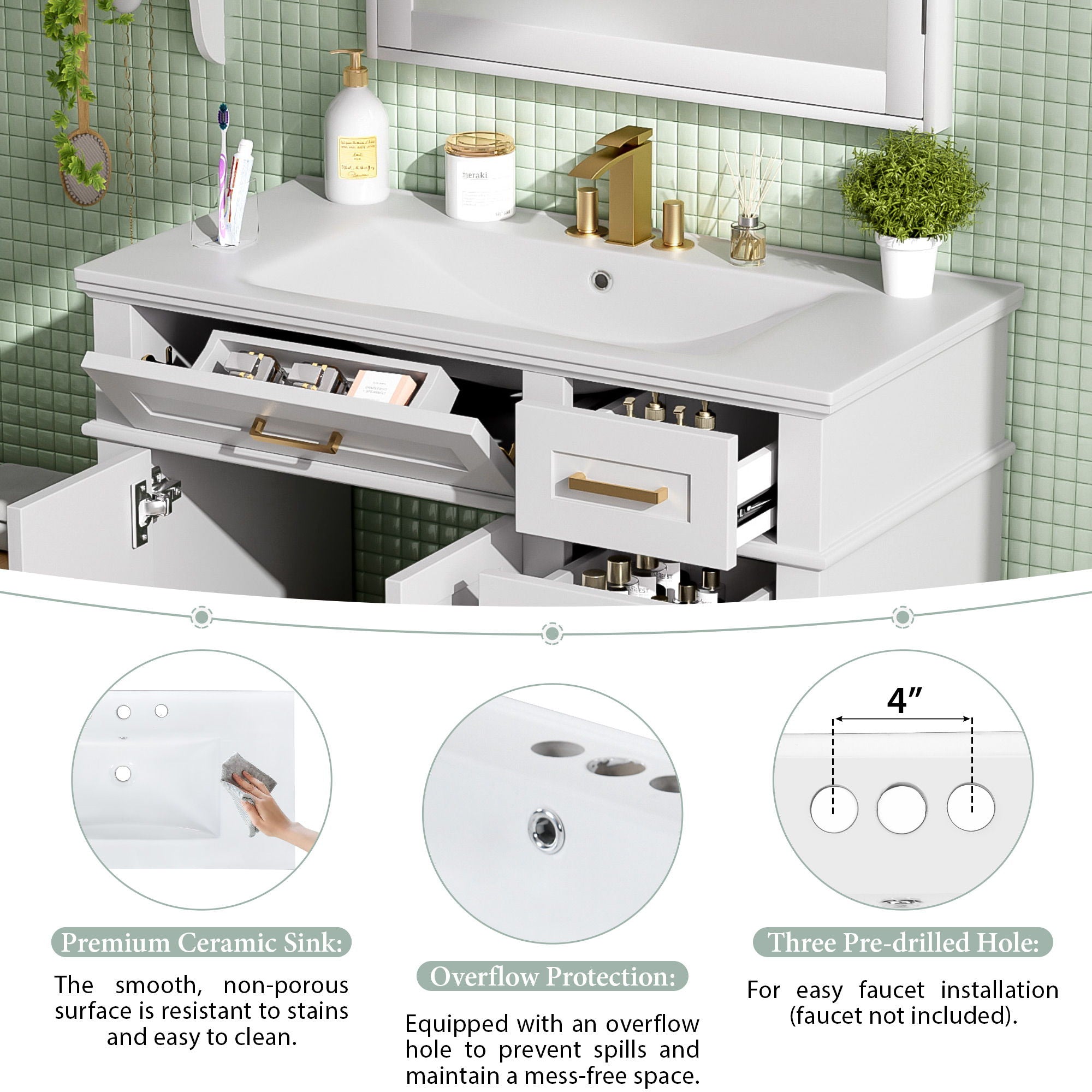 Bathroom Vanity With Sink, Soft Close Doors, 4 Storage Drawers
