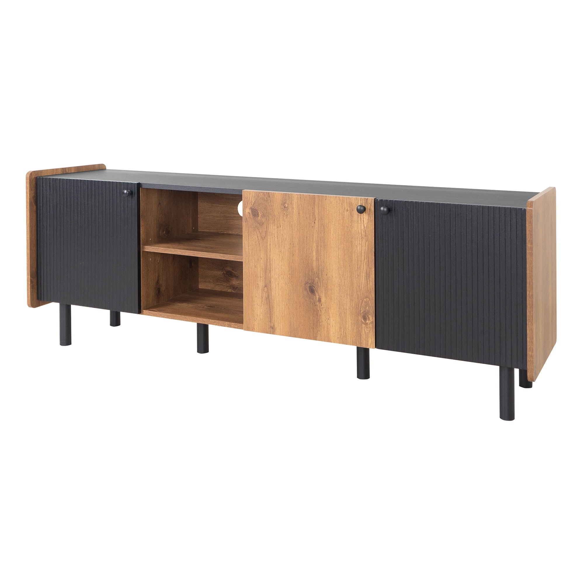 Mid Century TV Stand With 3 Cabinets, Media Console Table For Tvs Up To 70'', Entertainment Center With Storage For Living Room - Black / Brown