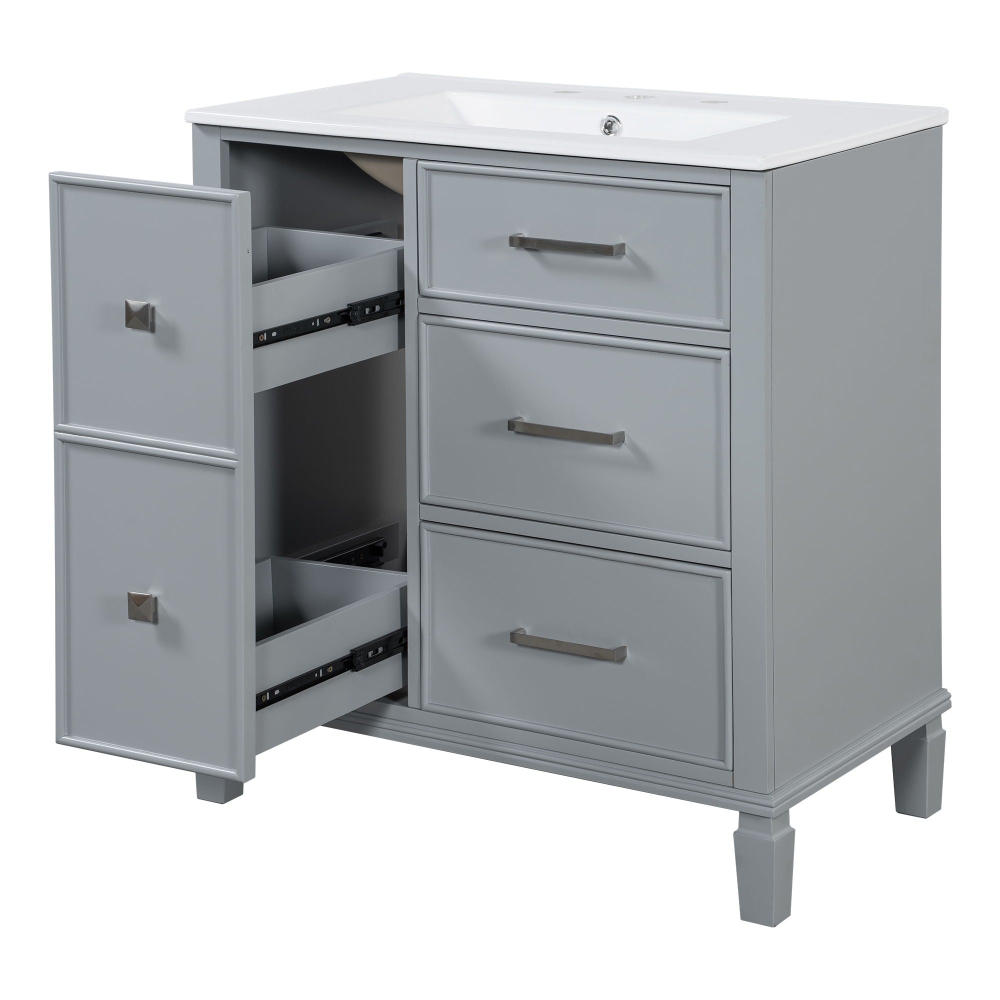 Bathroom Vanity With Ceramic Sink, Flip Out Drawer Design For Plumbing, Soft Close Drawers