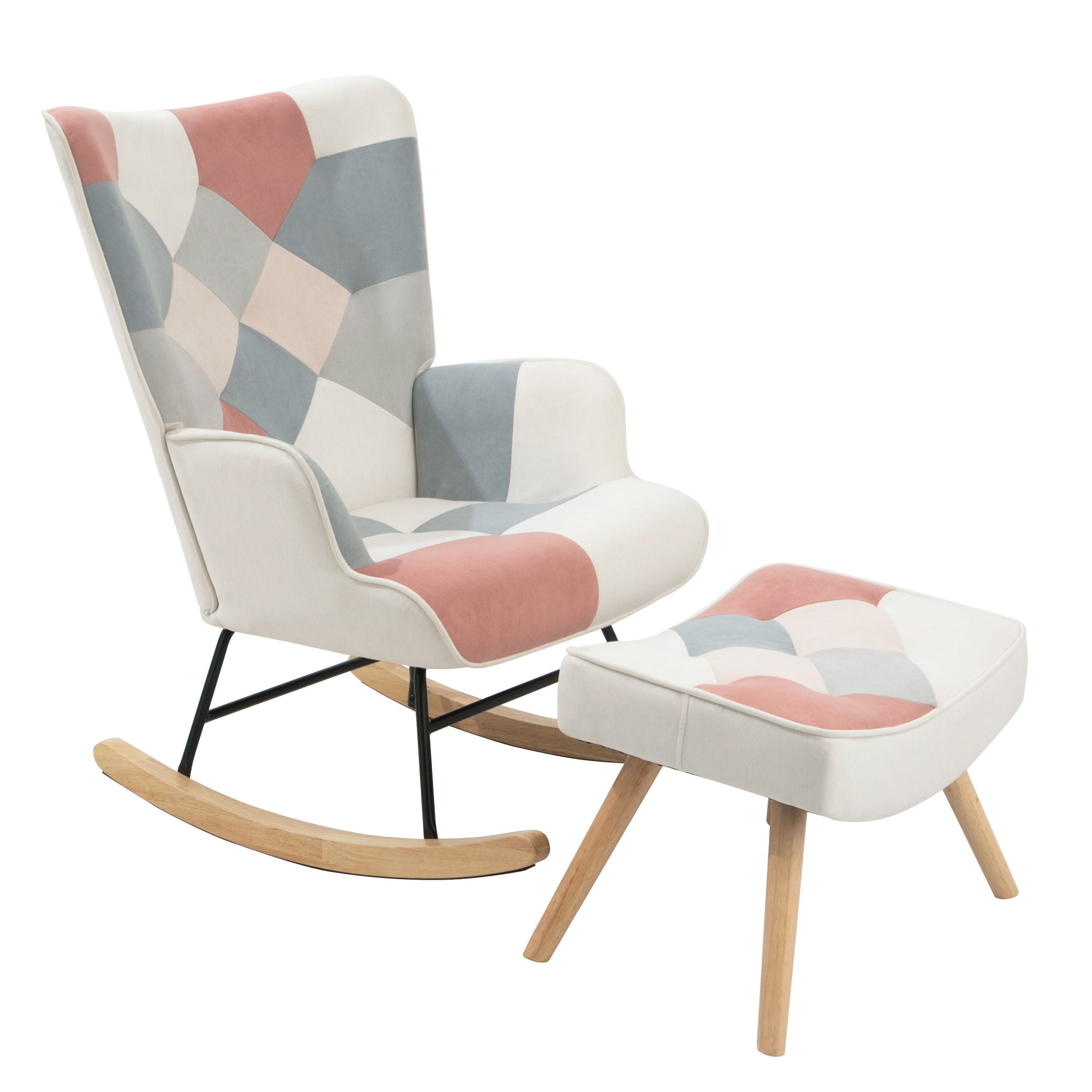 Mid Century Rocking Chair With Ottoman Patchwork Linen Wood Legs Design Living Room And Bedroom - Colorful