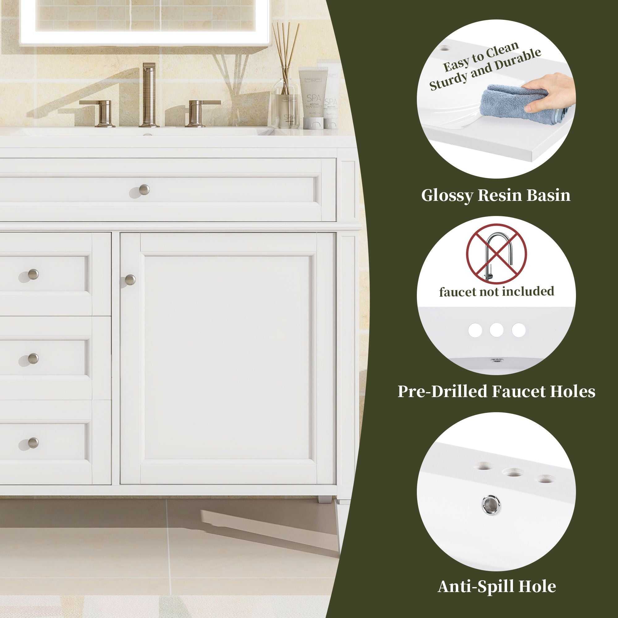 Bathroom Vanity With Top Sink, 2 Drawers And Tip Out Drawer, Rectangular Design
