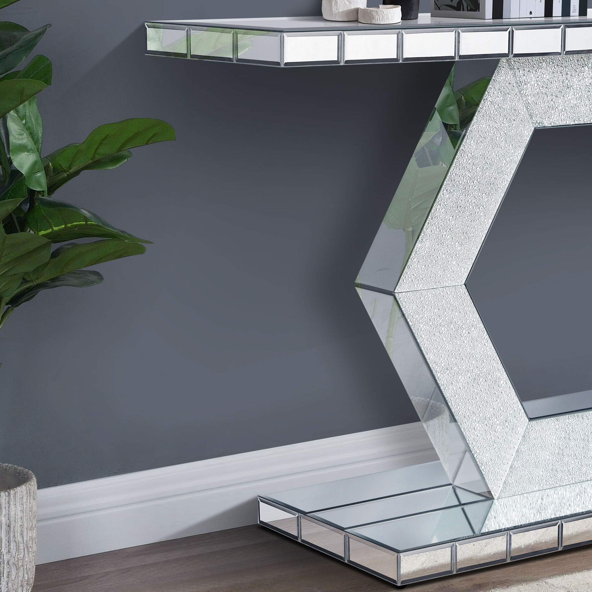 Sparkling Crystal Hexagon Mirror Entryway Premium Modern Foyer Console Table With Diamond Glass Effects, Dual Tier Luxury Sofa Table - Silver