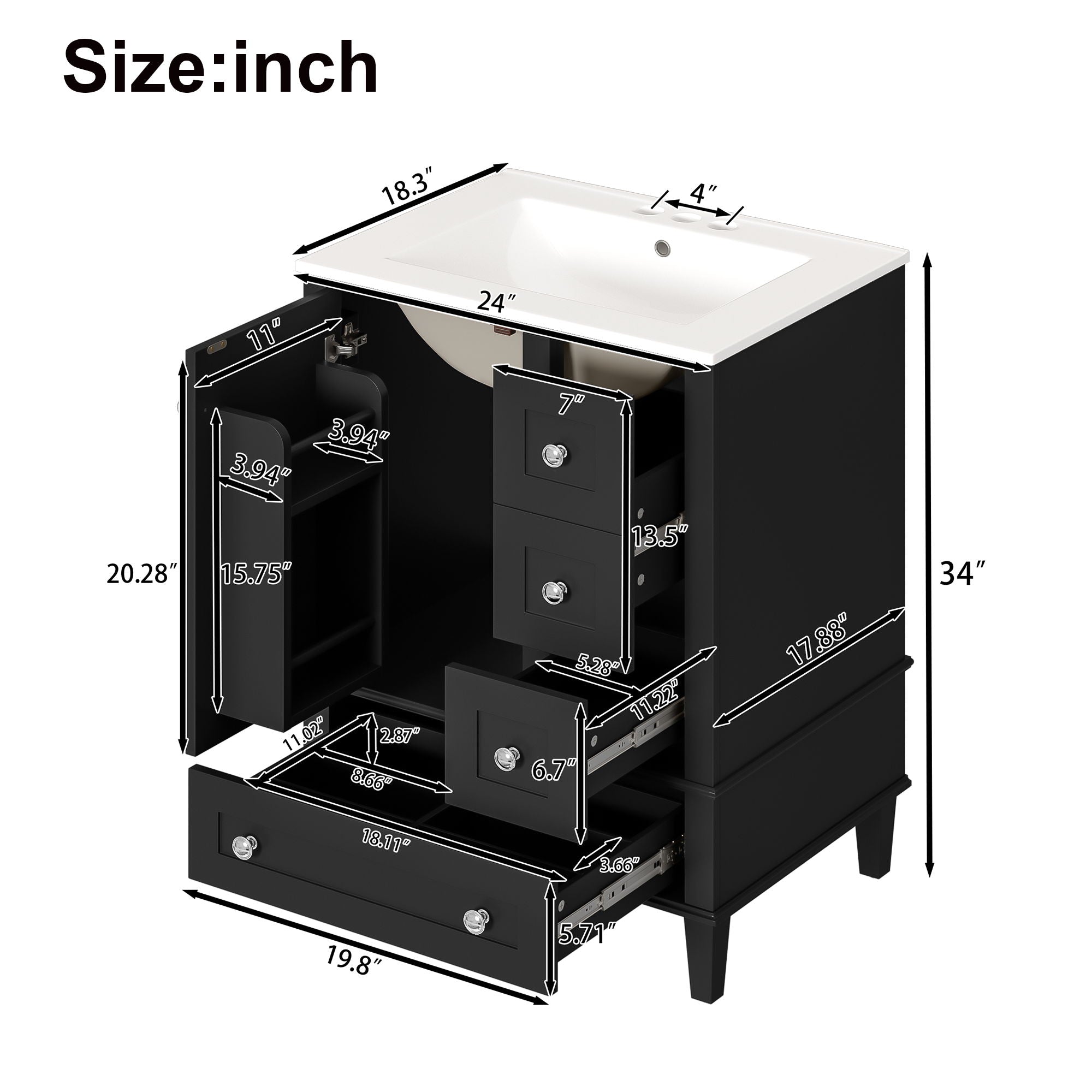 Bathroom Vanity With Integrated Basin, Soft Close Drawers, Door Mounted Double Layer Shelf