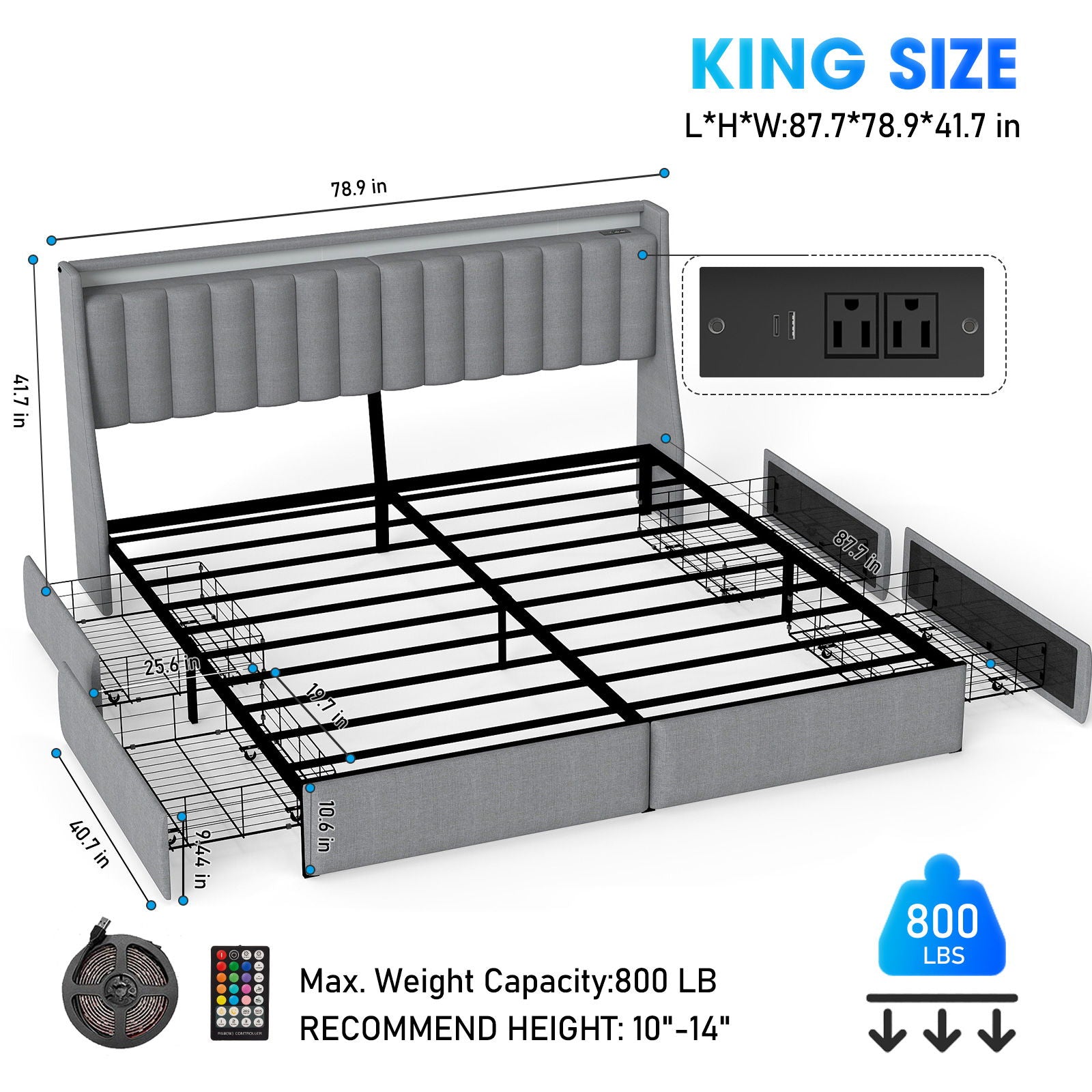 King Upholstered Bed Frame With 4 Storage Drawers, RGB LED Lights & USB / Type-C Charging Station, No Box Spring Needed - Gray