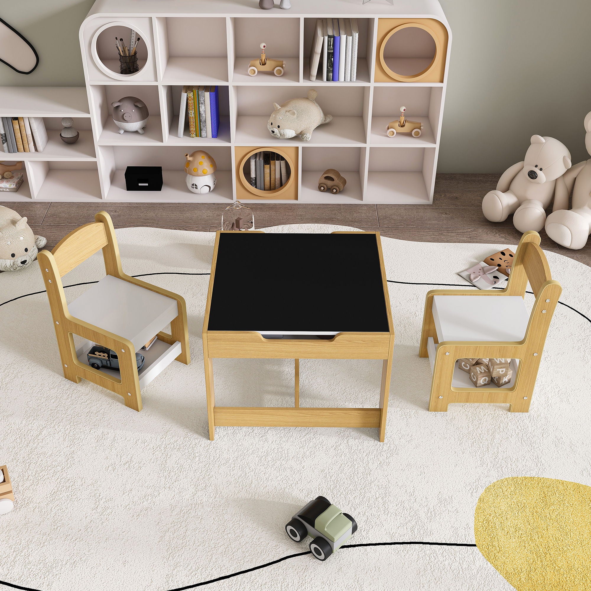 3 In 1 Kids Study Table & Chairs Set Multi Functional Activity Table With Detachable Blackboard Top - Natural Wood