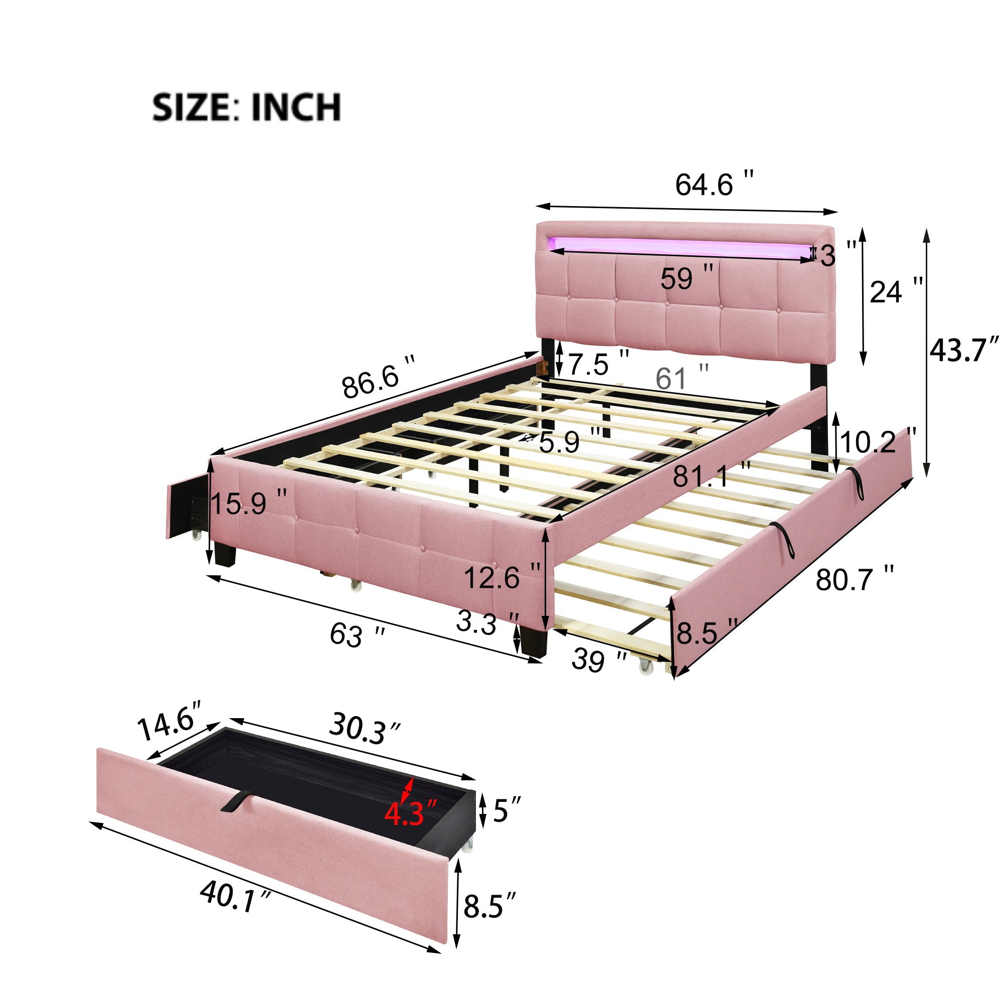 Upholstered Platform Bed With LED Frame, With Trundle And 2 Drawers