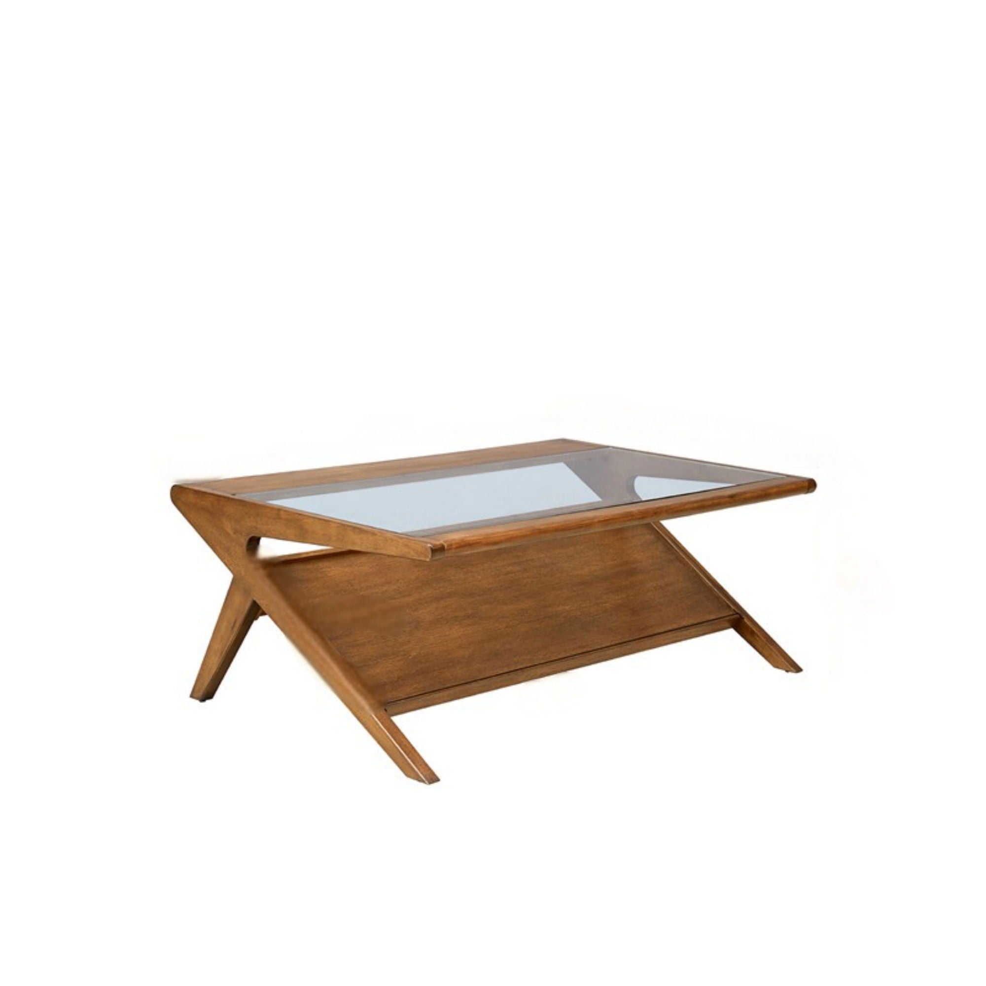 Coffee Table With Tempered Glass Top, Solid Wood Frame - Pecan