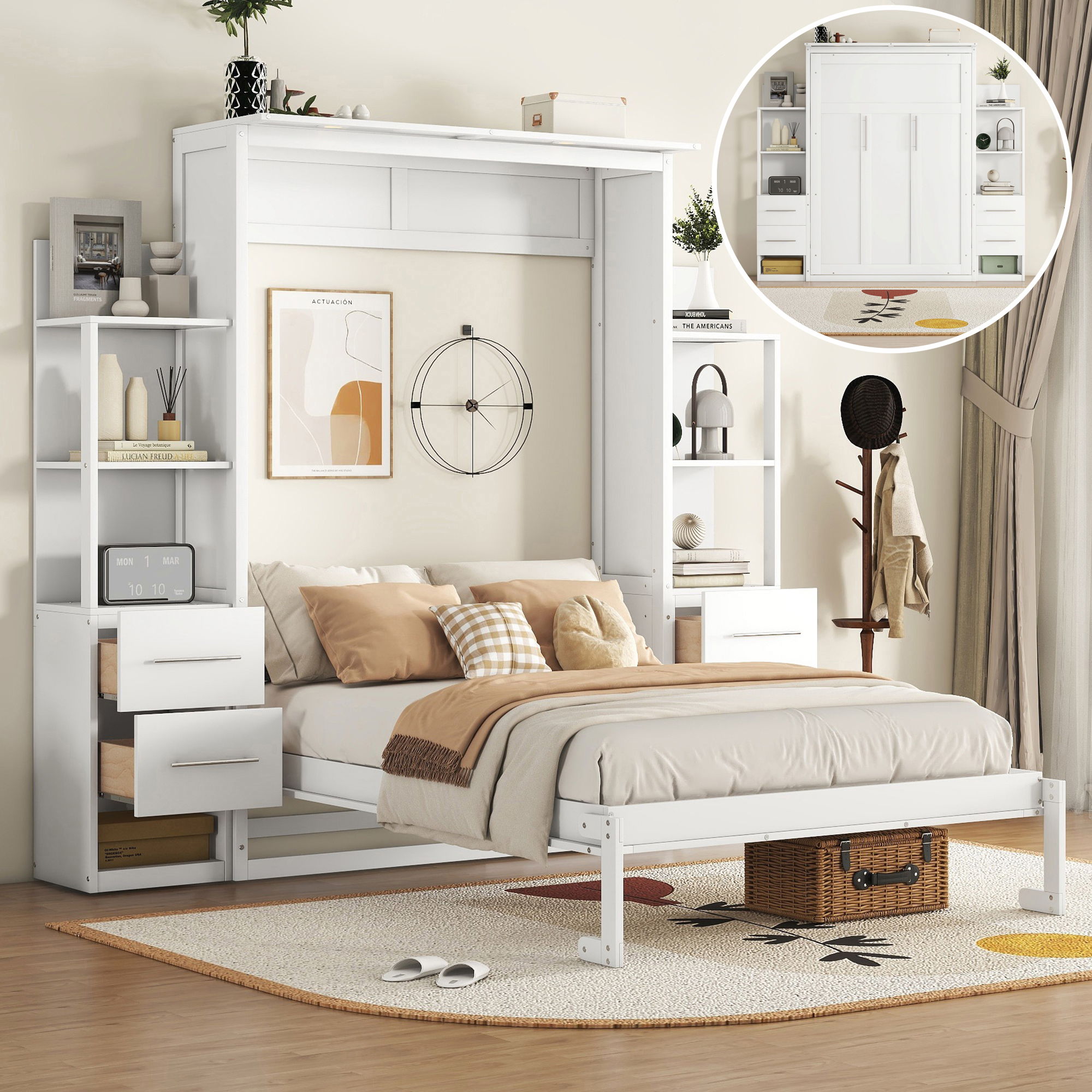 Murphy Wall Bed With Shelves, Drawers And LED Lights