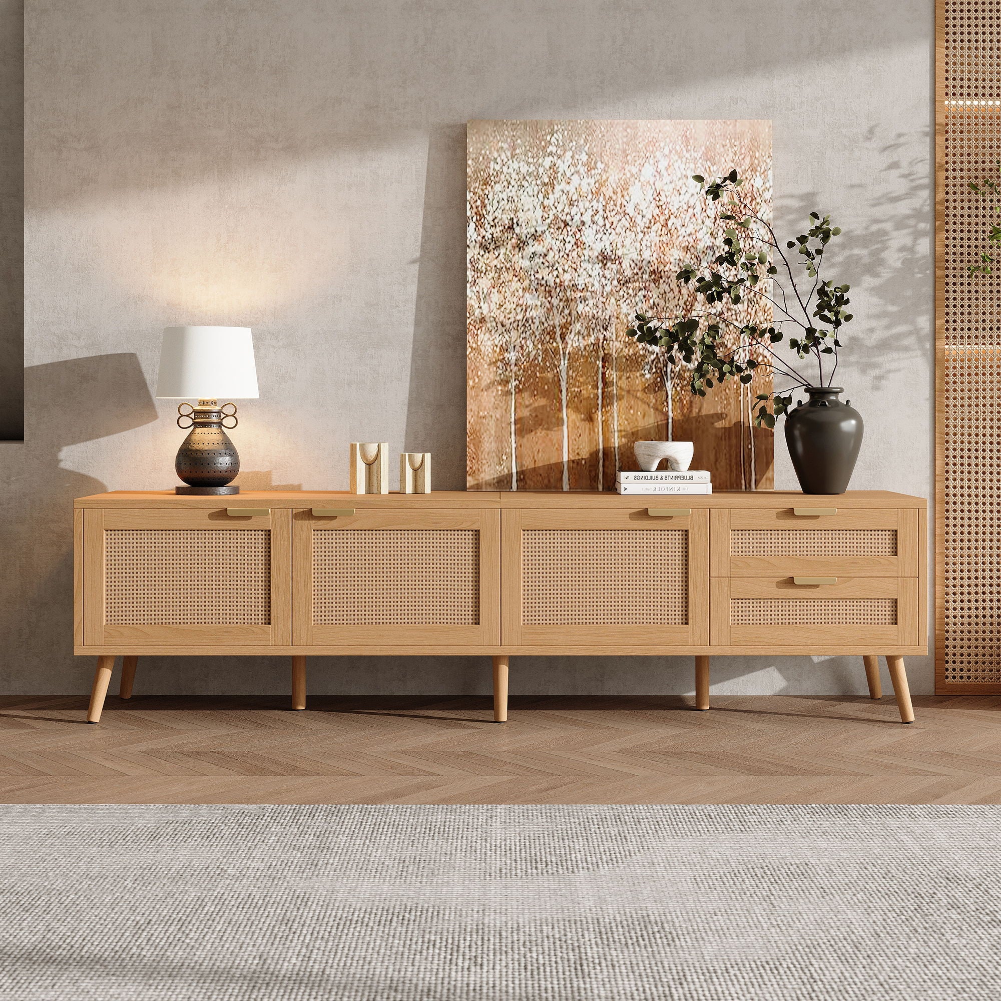 TV Stand, Media Console, 2 Drawers & Cable Management - Natural Wood