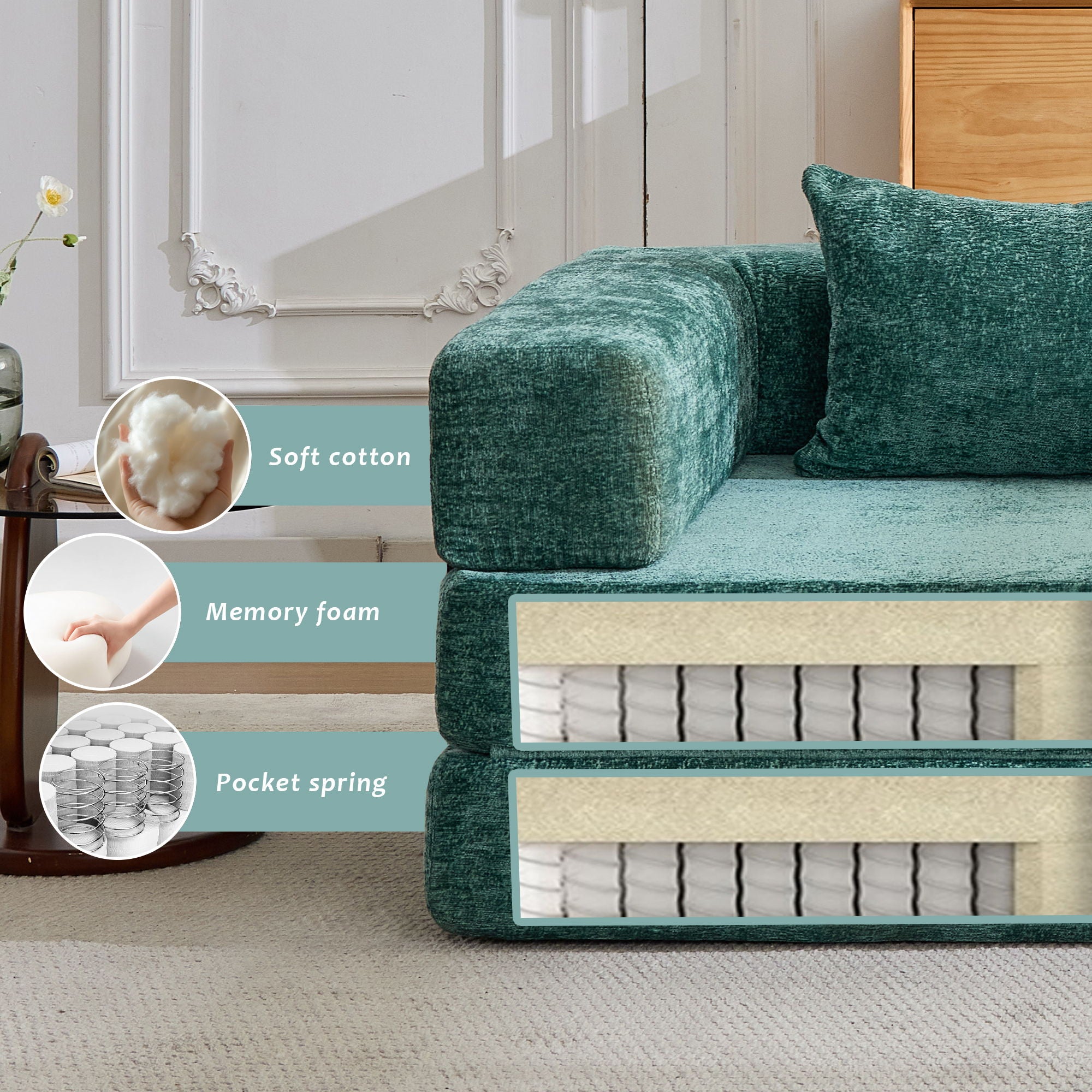 Convertible Floor Sofa Bed With Fixed Shape Frame, Loveseats Boneless Modular Sectional, For Living Room - Dark Green