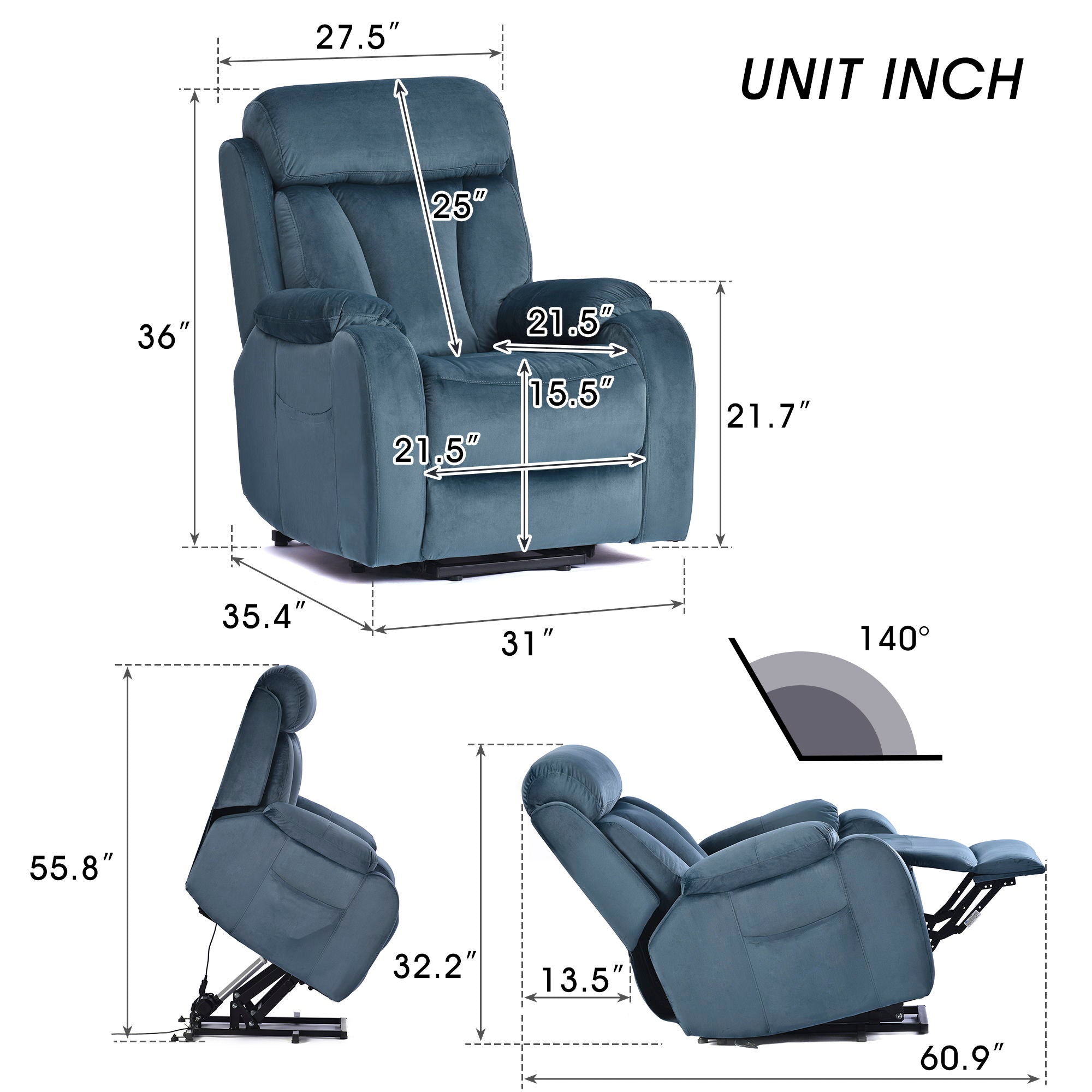 Power Lift Chair Recliner With Remote Control, Electric Reclining Sofa, Fabric Power Recliner For Living Room - Navy Blue - Best Buy Furniture