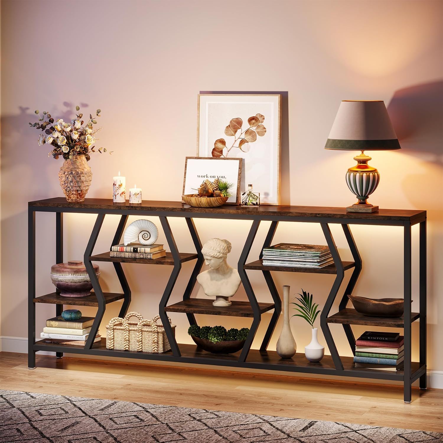 Tribesigns - Extra Long Narrow Sofa Console Table With 4 Tier Storage Shelves - Rustic Brown