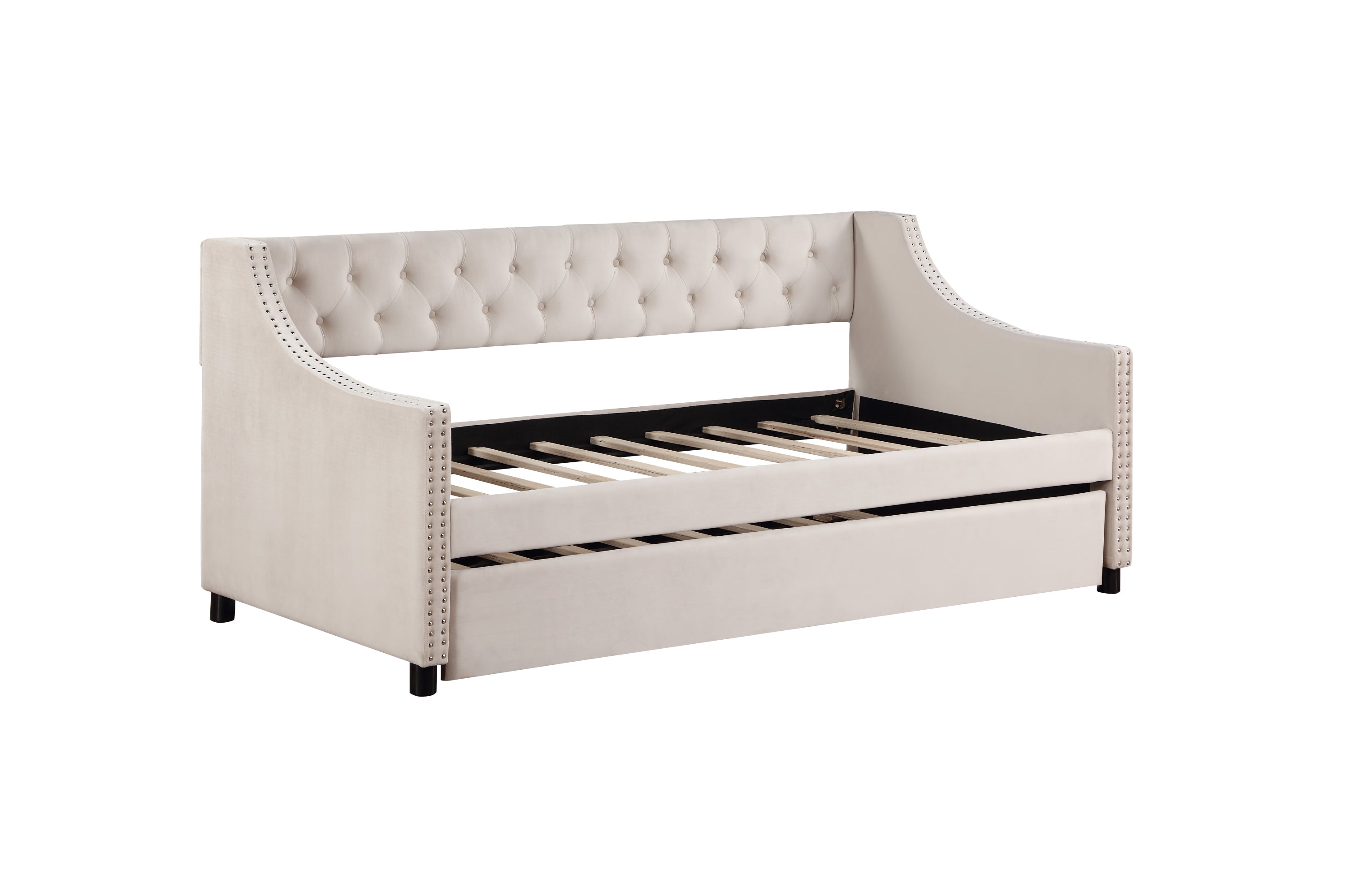 Daybed with Trundle Upholstered Tufted Sofa Bed Arms Full Size Beige