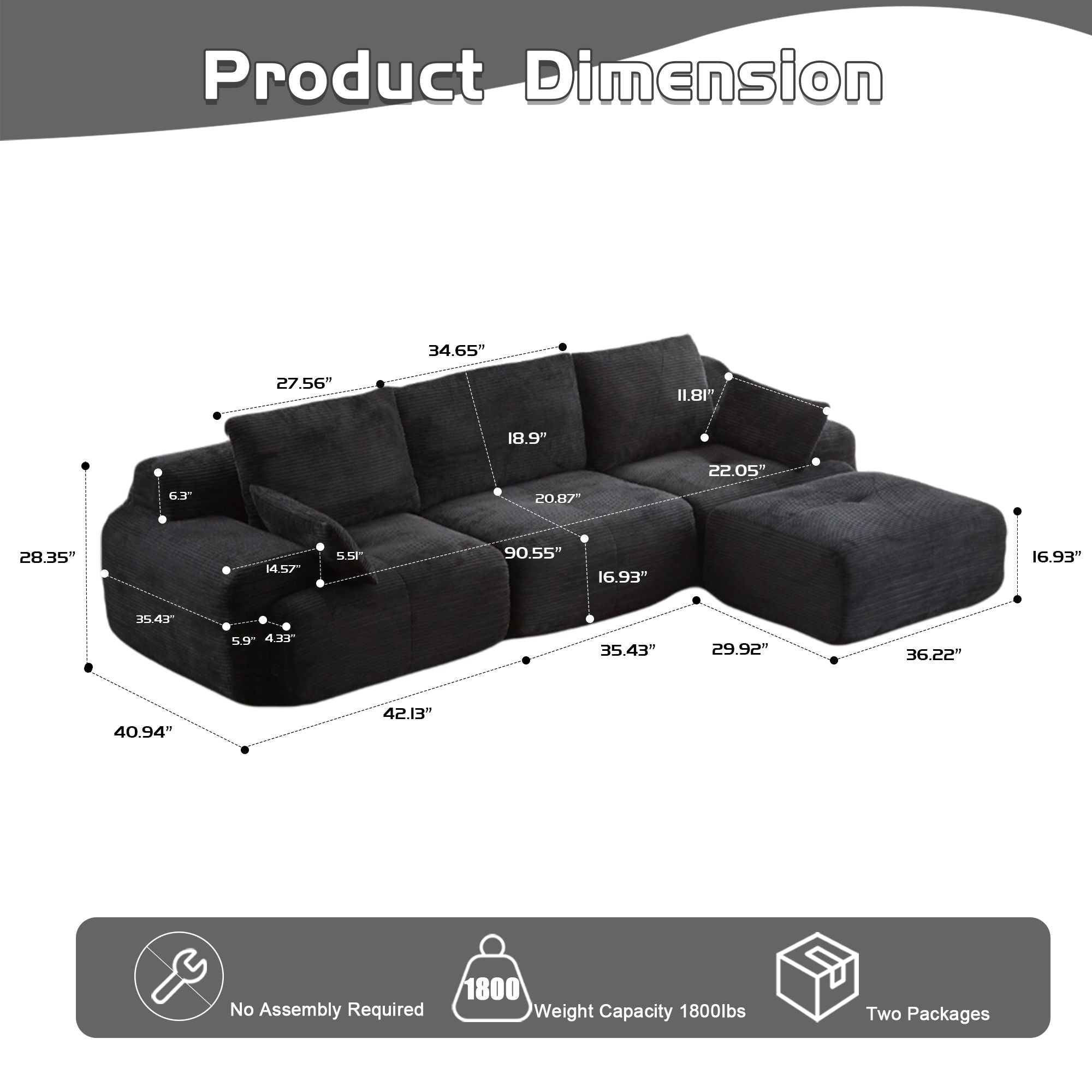 Compressed Sofa, Large Sectional Couches For Living Room - Black