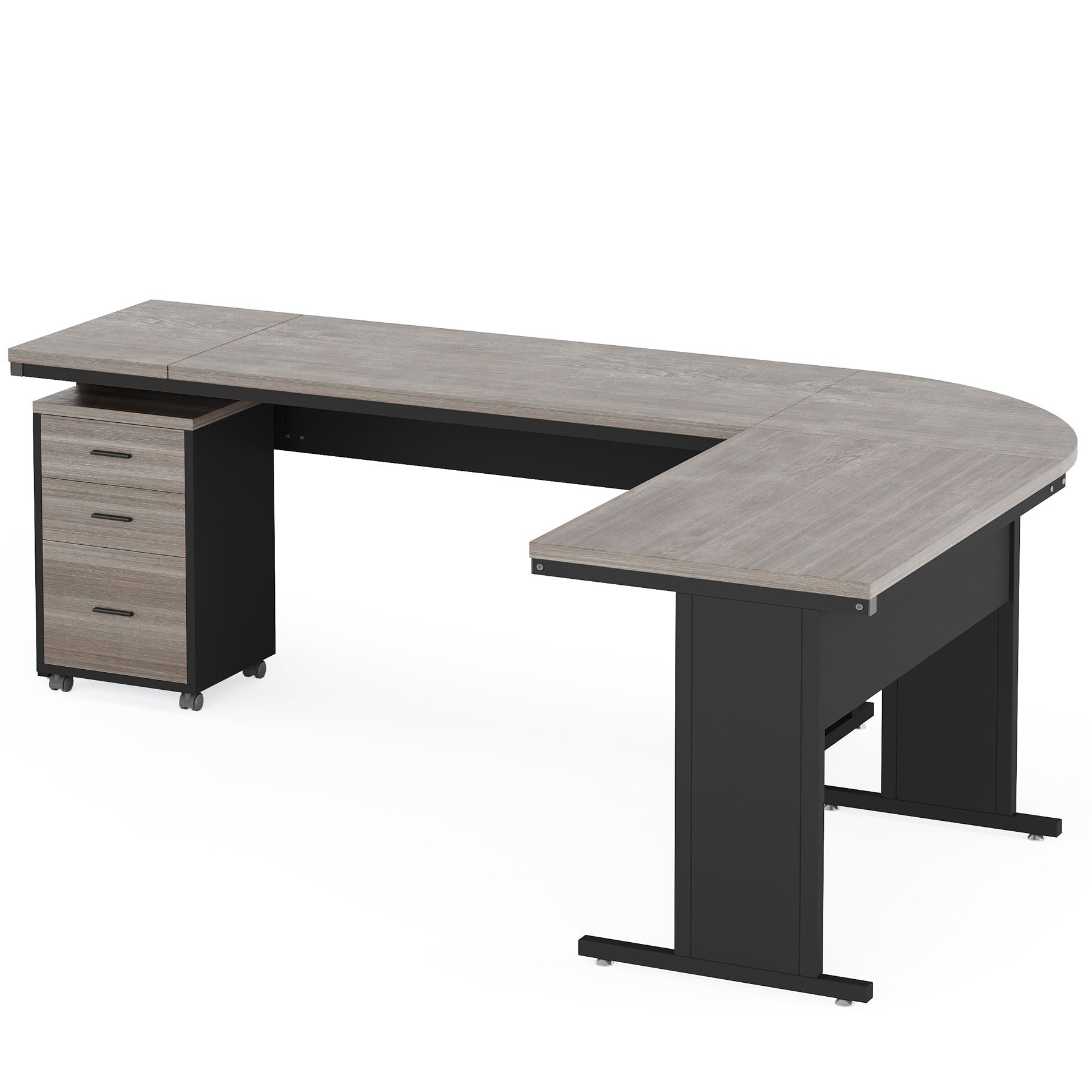 L-Shaped Executive Desk With Reversible Design, 3 Drawer Mobile File Cabinet For Home Office Workstation - Gray / Black