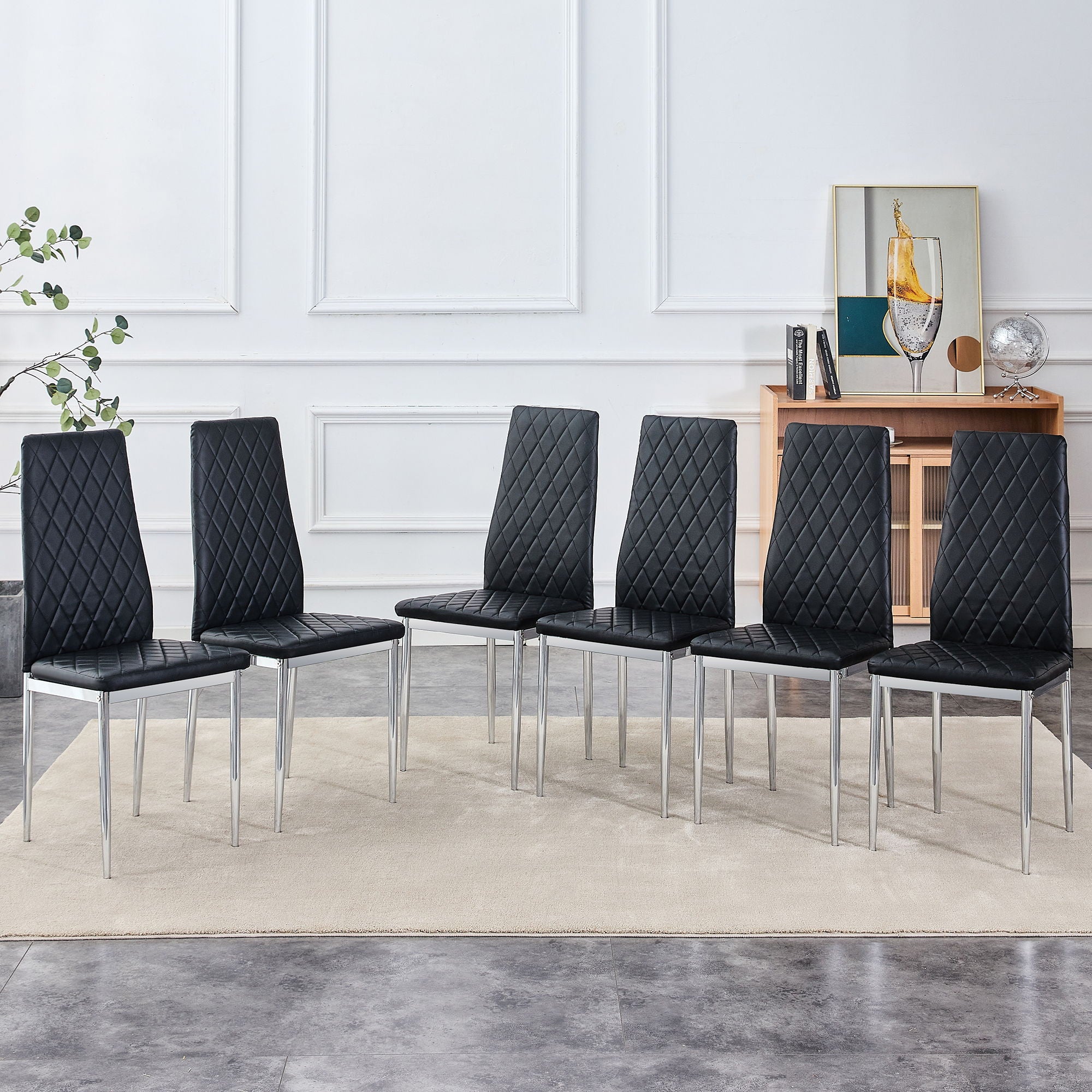 Modern Grid Armless High Backrest Dining Chair Set With Electroplated Metal Legs In Material 6 Piece - Black
