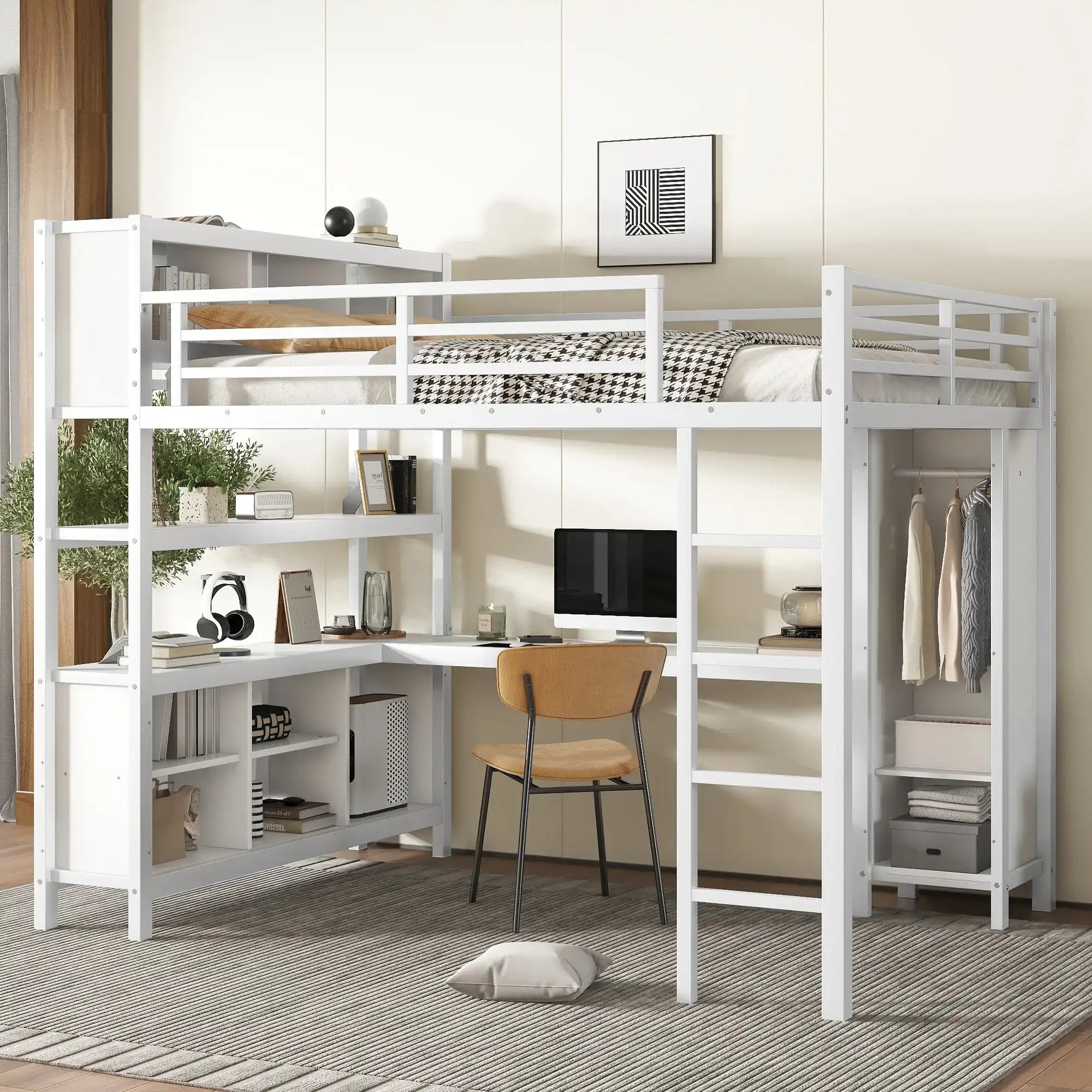 Seren Metal Loft Bed with Wardrobe And L-shaped Desk, Queen Size Loft Bed with Storage