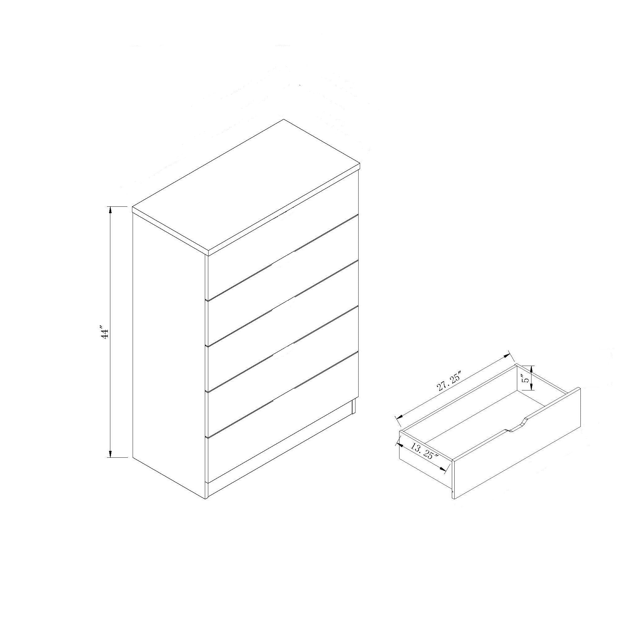 5 Drawer Chest Metal Handles Locking Top Drawer Metal Glide Rails Melamine Laminate